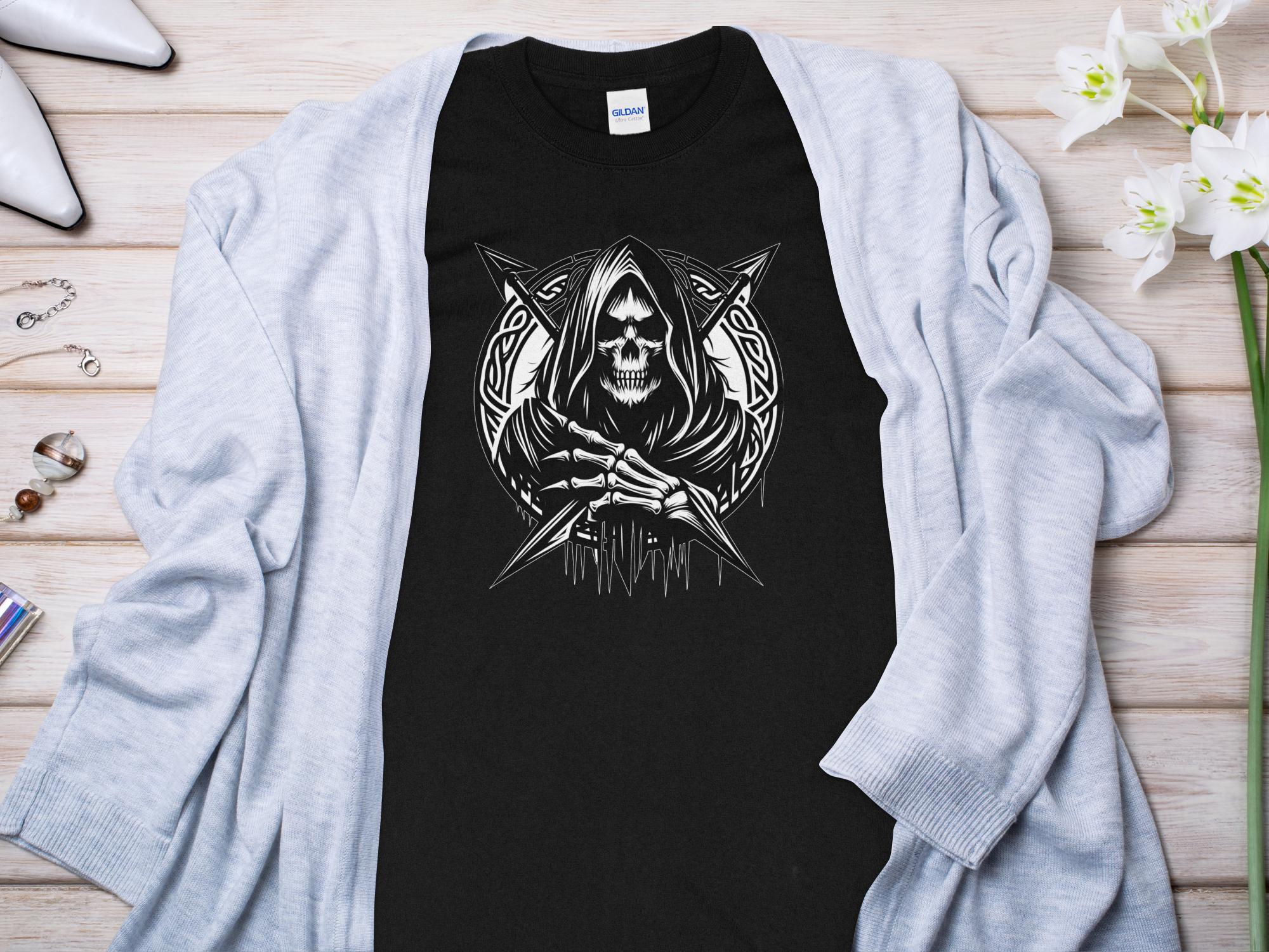 Grim Reaper - Black White Gildan Long Sleeve Commemorative Talisman Unisex Tee Graphic Design