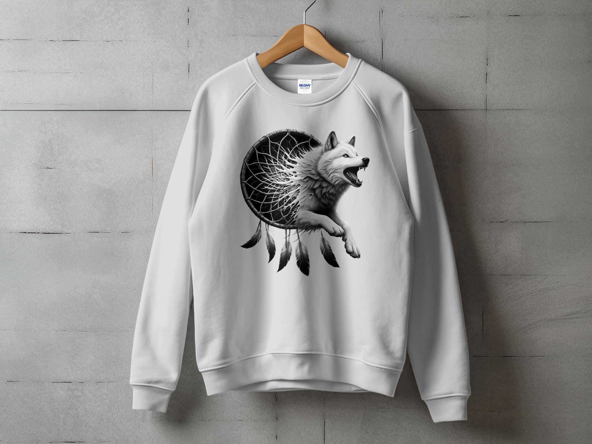 Dreamcatcher Wolf - Coloured Gildan Sweatshirt Realistic Native American Talisman Unisex Mythology Tee Graphic Design