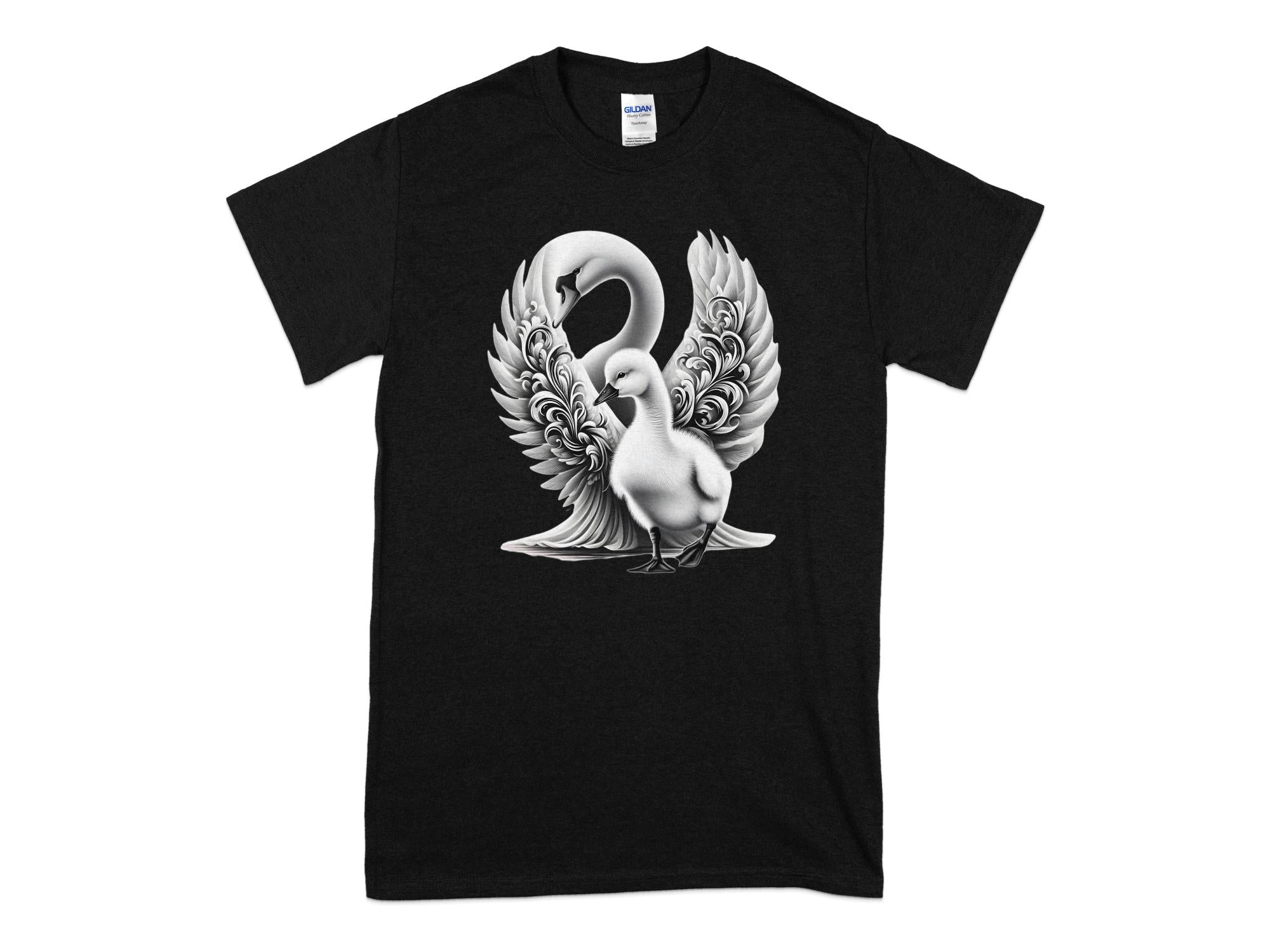 Swan & Cygnet- Black White Gildan T-Shirt Realistic Family Talisman Unisex Tee Graphic Design