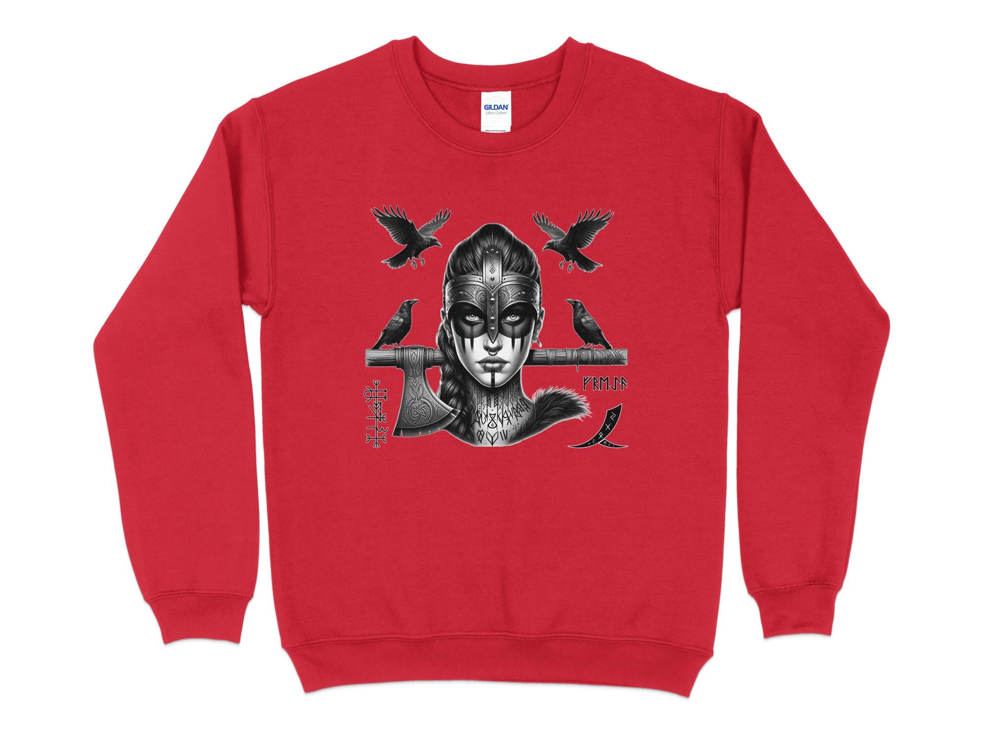 Viking Shield Maiden - Coloured Gildan Sweatshirt Realistic Norse Talisman Men Women Unisex Valhalla Tee Graphic Design