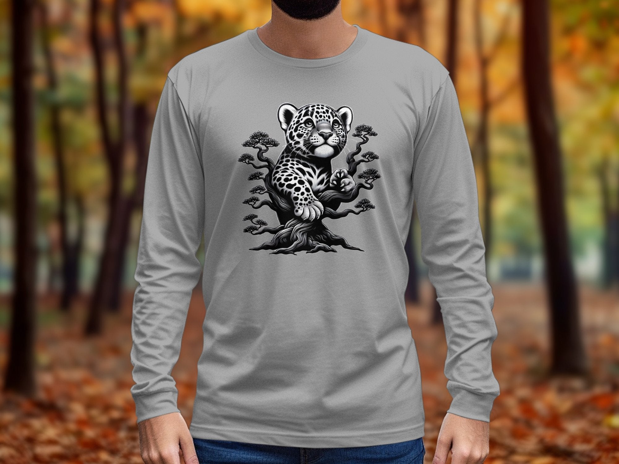 Leopard Bonsai - Coloured Gildan Long Sleeve Realistic Animal Talisman Unisex Cute Tee Graphic Design