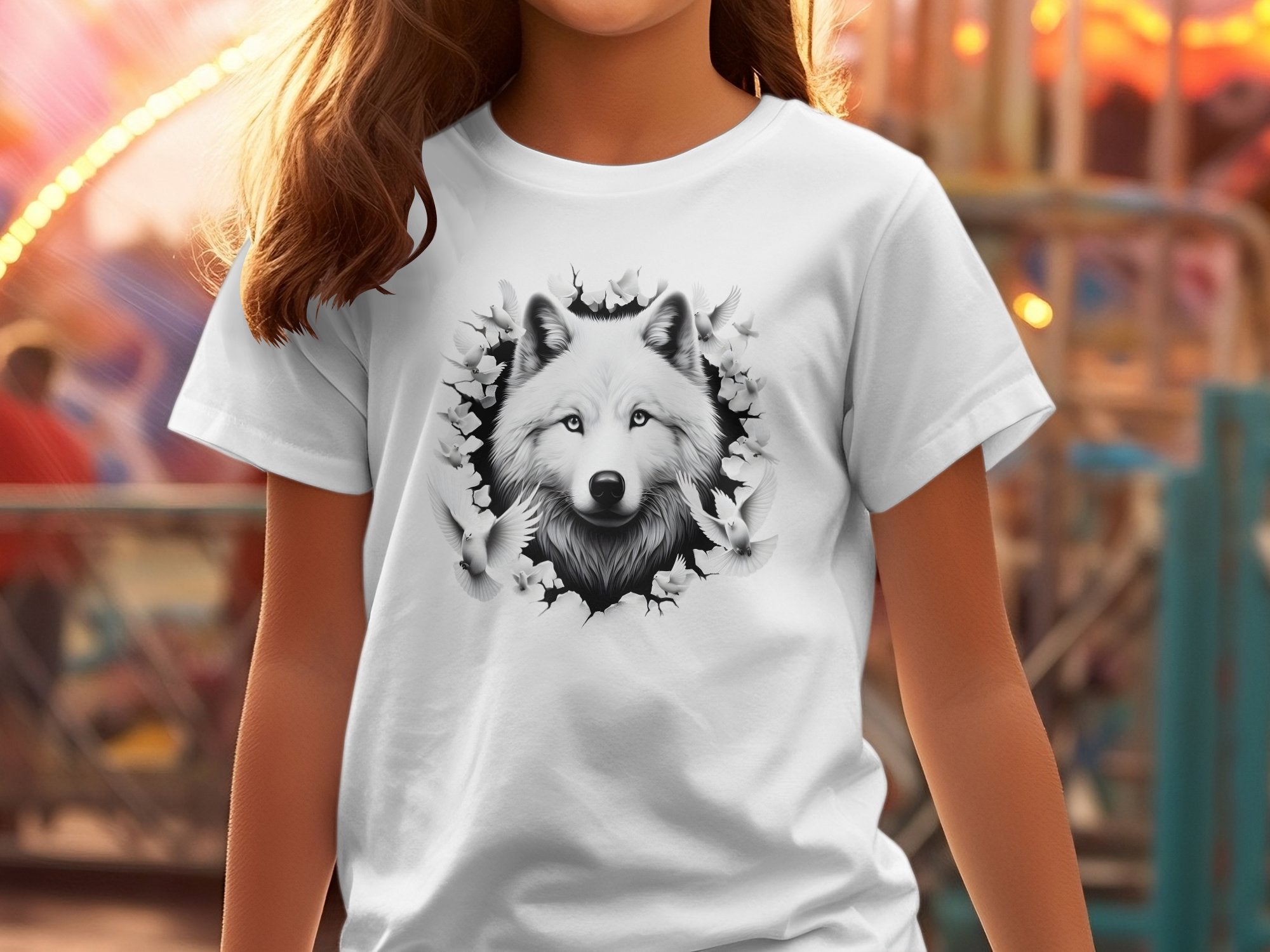 Wolf x Doves - Black White Gildan Kids T-Shirt Realistic Animal Talisman Unisex Tee Graphic Design