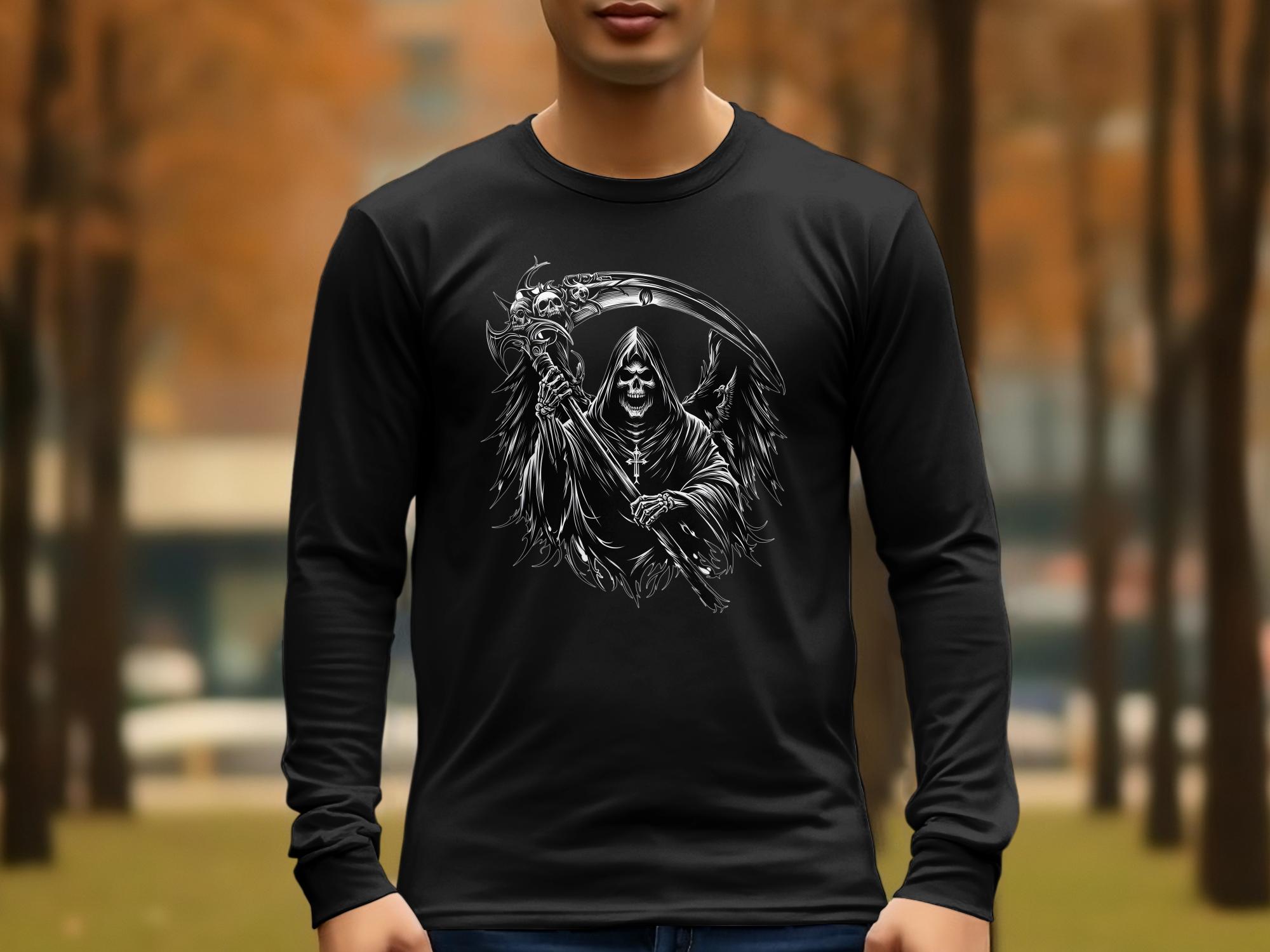 Grim Reaper - Black White Gildan Long Sleeve Commemorative Talisman Unisex Tee Graphic Design