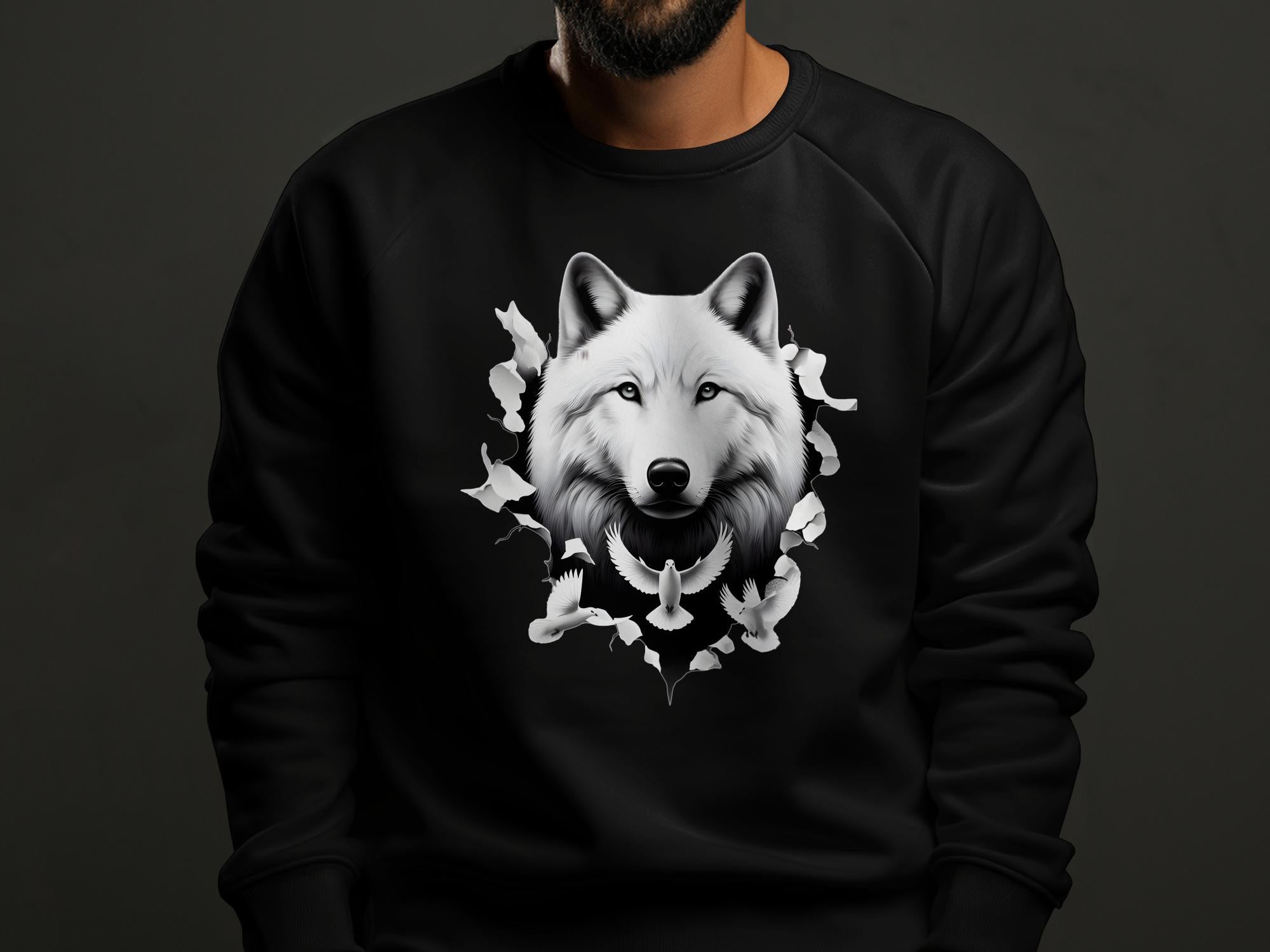 Wolf x Doves - Black White Gildan Sweatshirt Realistic Animal Talisman Unisex Tee Graphic Design