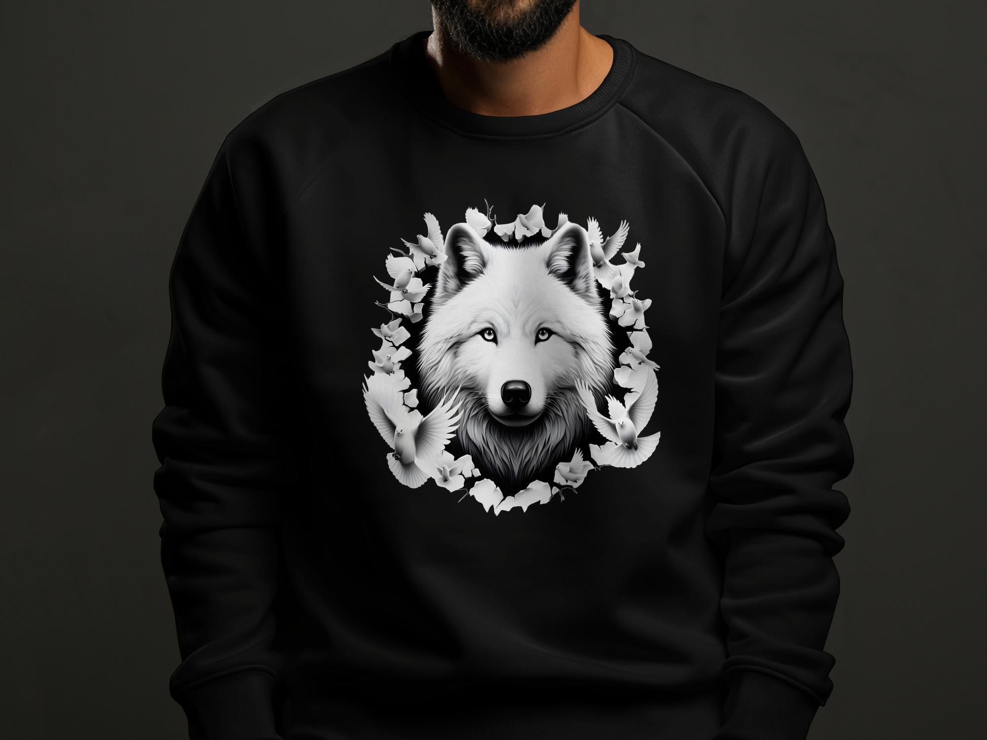 Wolf x Doves - Black White Gildan Sweatshirt Realistic Animal Talisman Unisex Tee Graphic Design