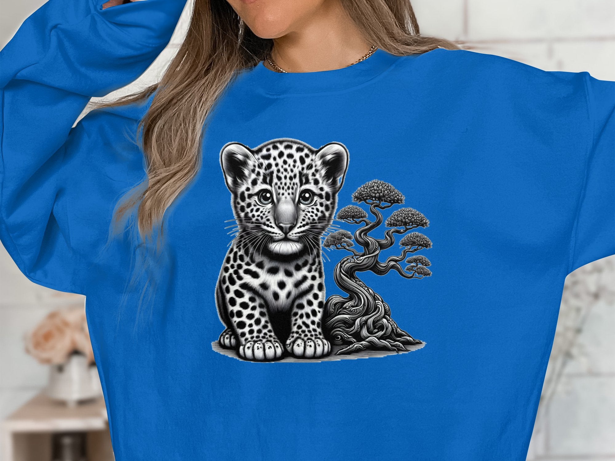 Leopard Bonsai - Coloured Gildan Sweatshirt Realistic Animal Talisman Unisex Cute Tee Graphic Design