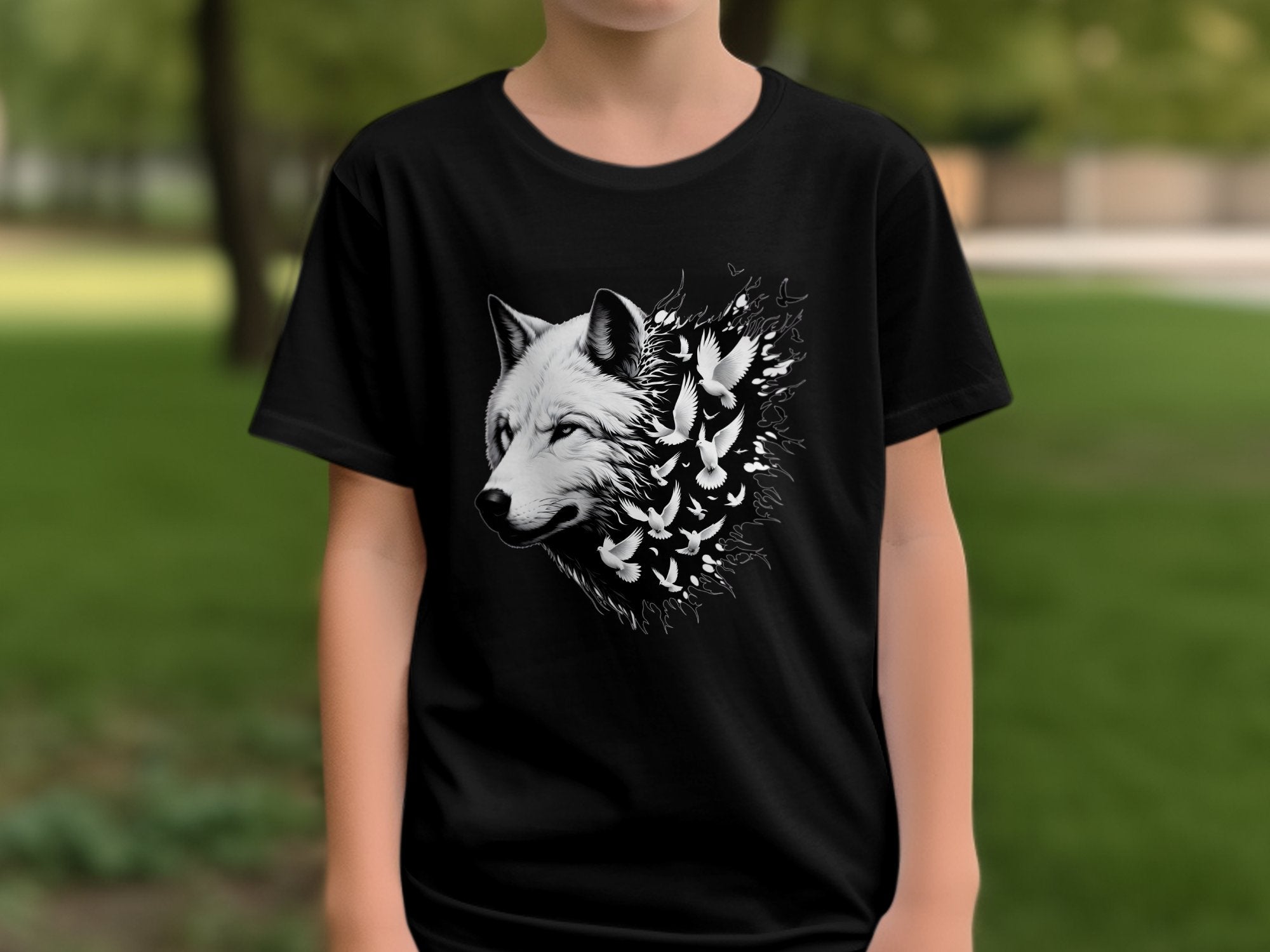 Wolf x Doves - Black White Gildan Kids T-Shirt Realistic Animal Talisman Unisex Tee Graphic Design