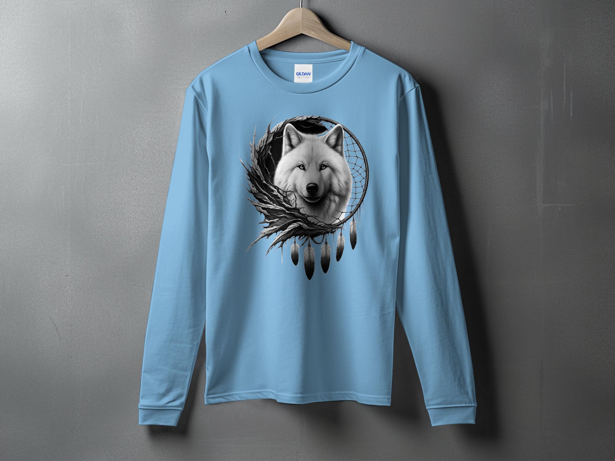 Dreamcatcher Wolf - Coloured Gildan Long Sleeve Realistic Native American Talisman Unisex Mythology Tee Graphic Design