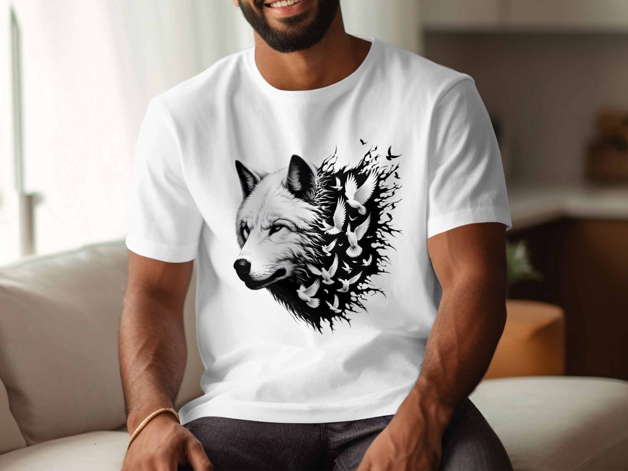 Wolf x Doves - Black White Gildan T-Shirt Realistic Animal Talisman Unisex Tee Graphic Design