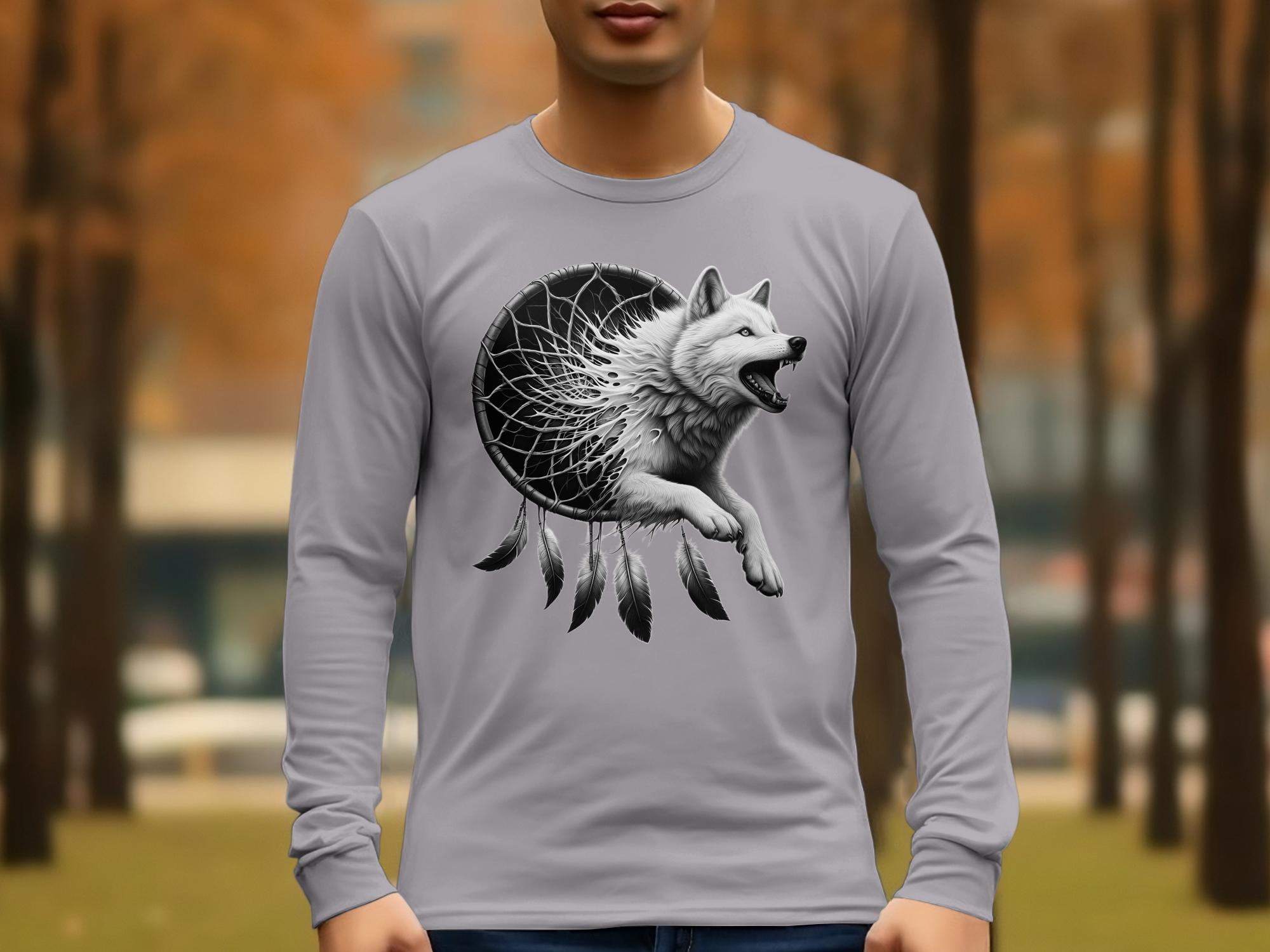 Dreamcatcher Wolf - Coloured Gildan Long Sleeve Realistic Native American Talisman Unisex Mythology Tee Graphic Design