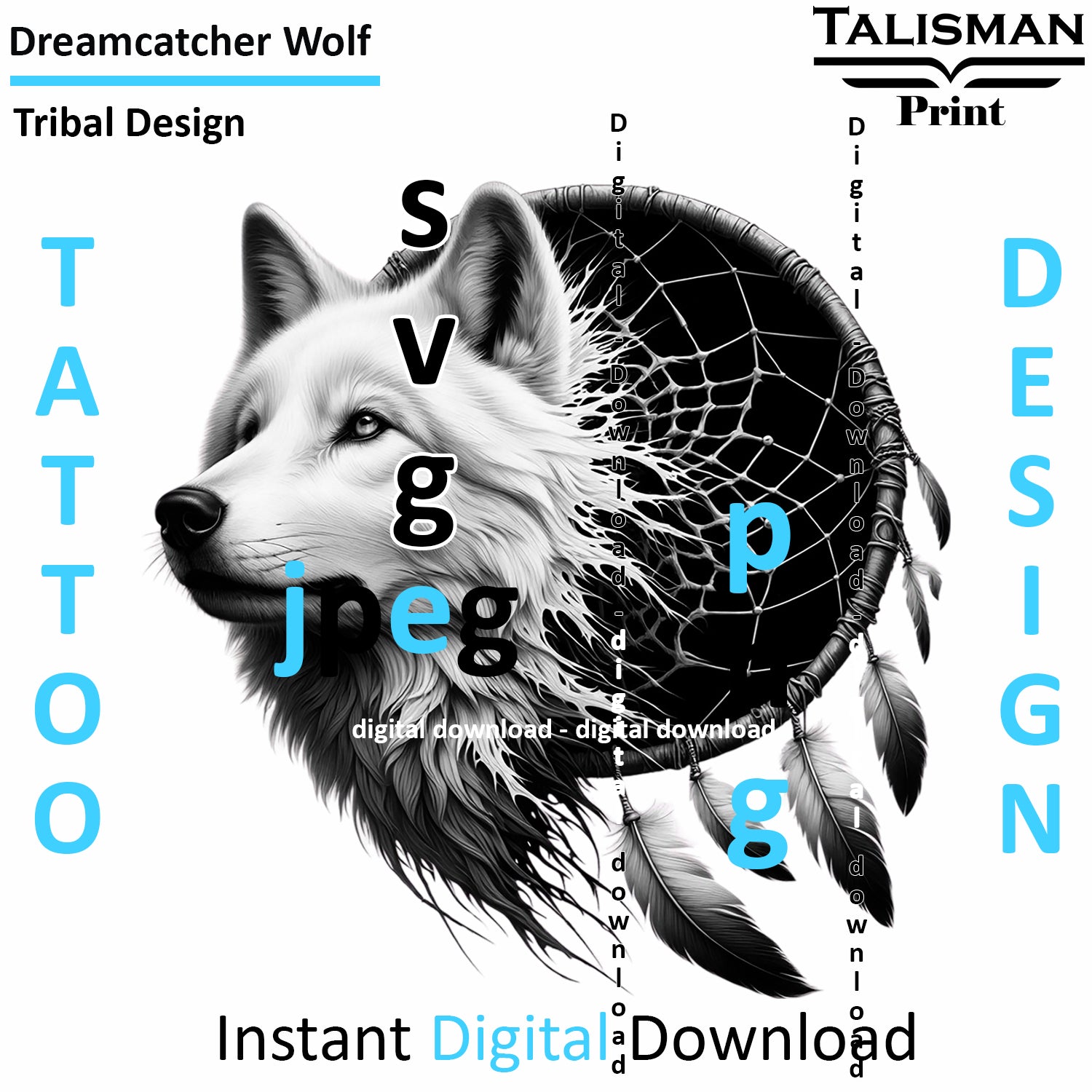 Dreamcatcher Wolf - Digital Art | PNG, JPEG & SVG | Instant Download for Apparel, Décor and Wall Art