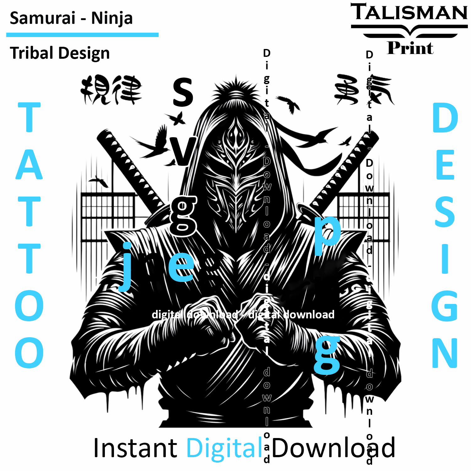 Samurai Ninja - Digital Art | PNG, JPEG & SVG | Instant Download for Apparel, Décor and Wall Art