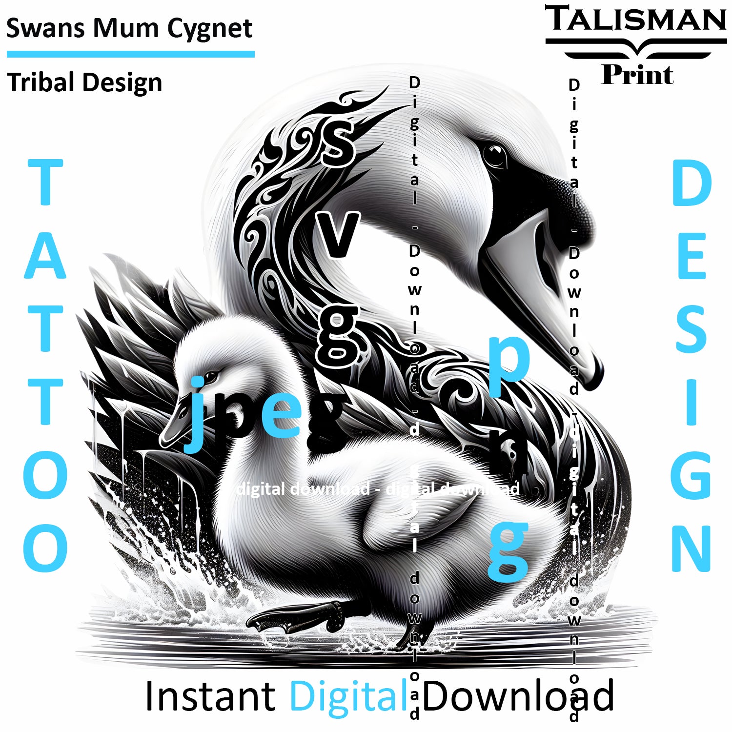 Swan and Cygnet - Digital Art | PNG, JPEG & SVG | Instant Download for Apparel, Décor and Wall Art