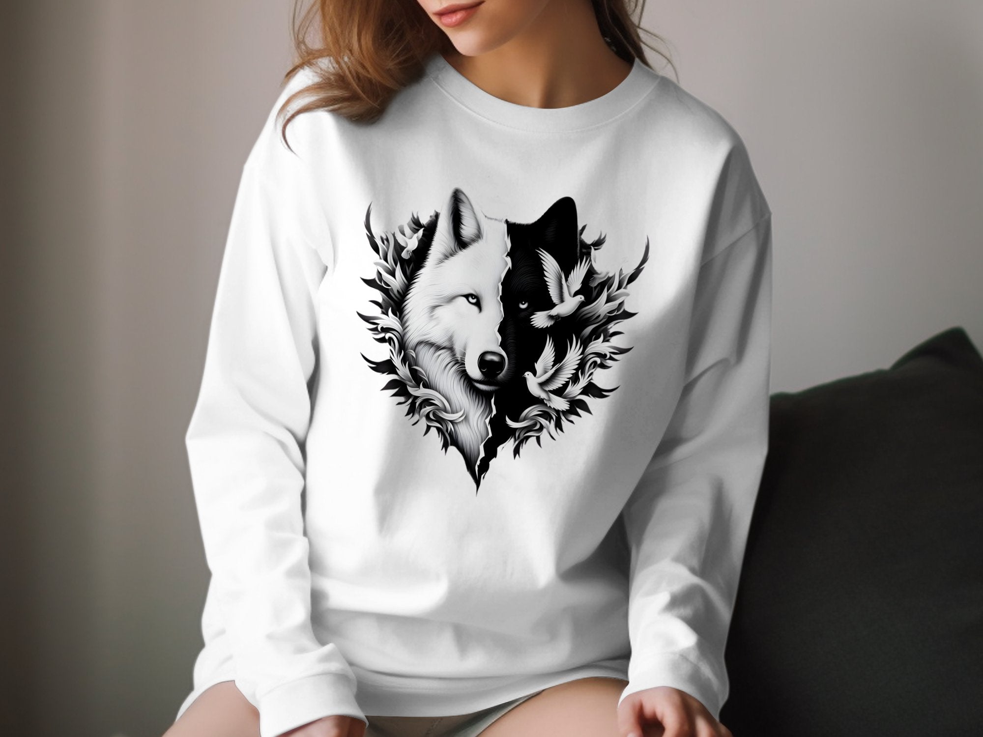 Wolf x Doves - Black White Gildan Long Sleeve Realistic Animal Talisman Unisex Tee Graphic Design