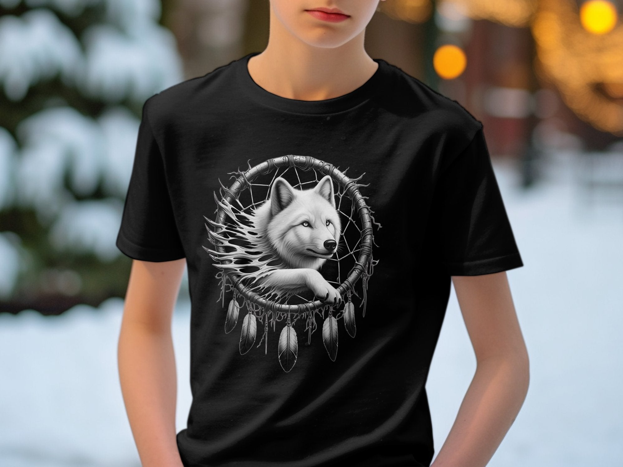 Dreamcatcher Wolf - Coloured Gildan Kids T-Shirt Realistic Native American Talisman Unisex Mythology Tee Graphic Design