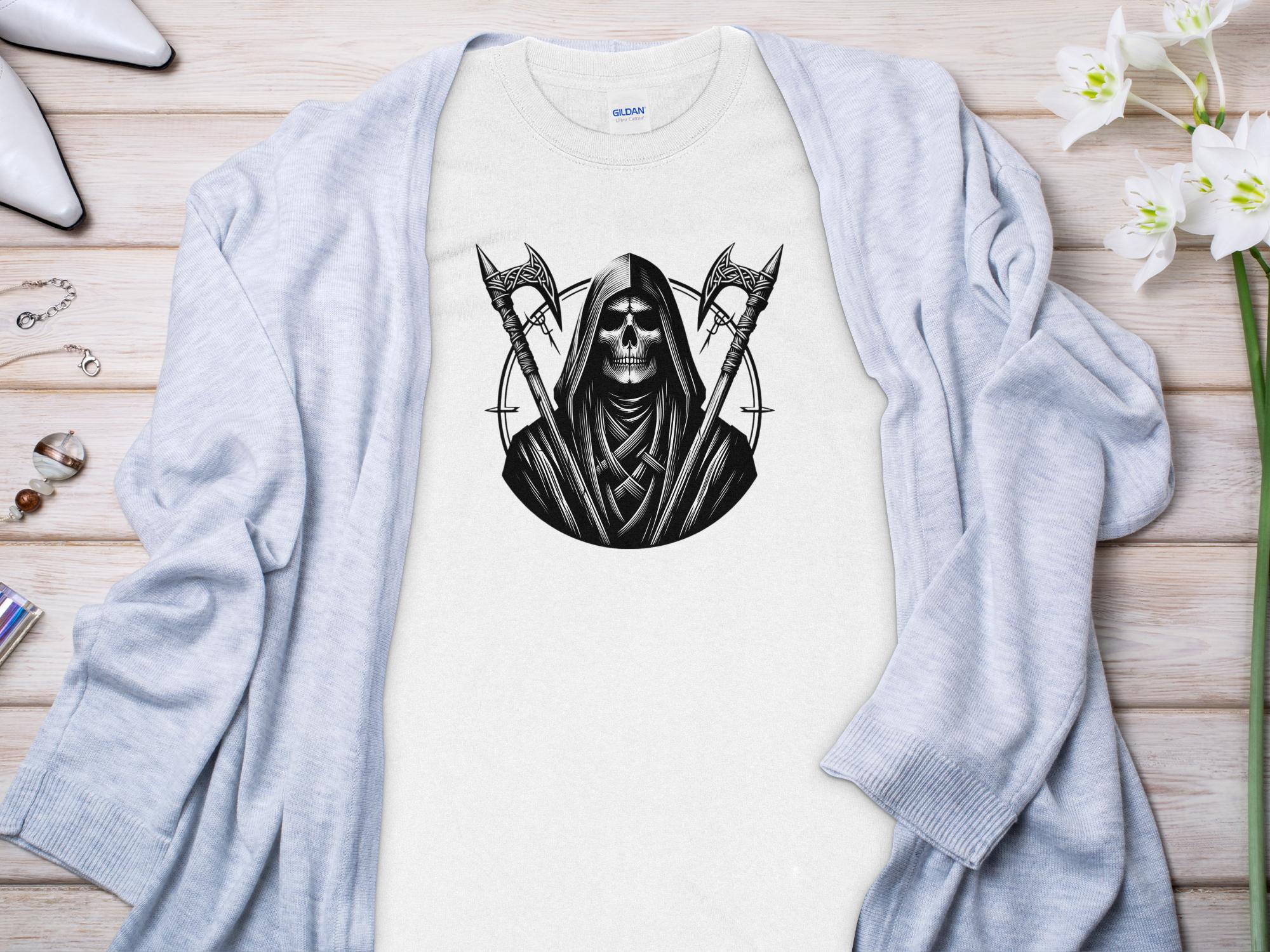 Grim Reaper - Black White Gildan Long Sleeve Commemorative Talisman Unisex Tee Graphic Design