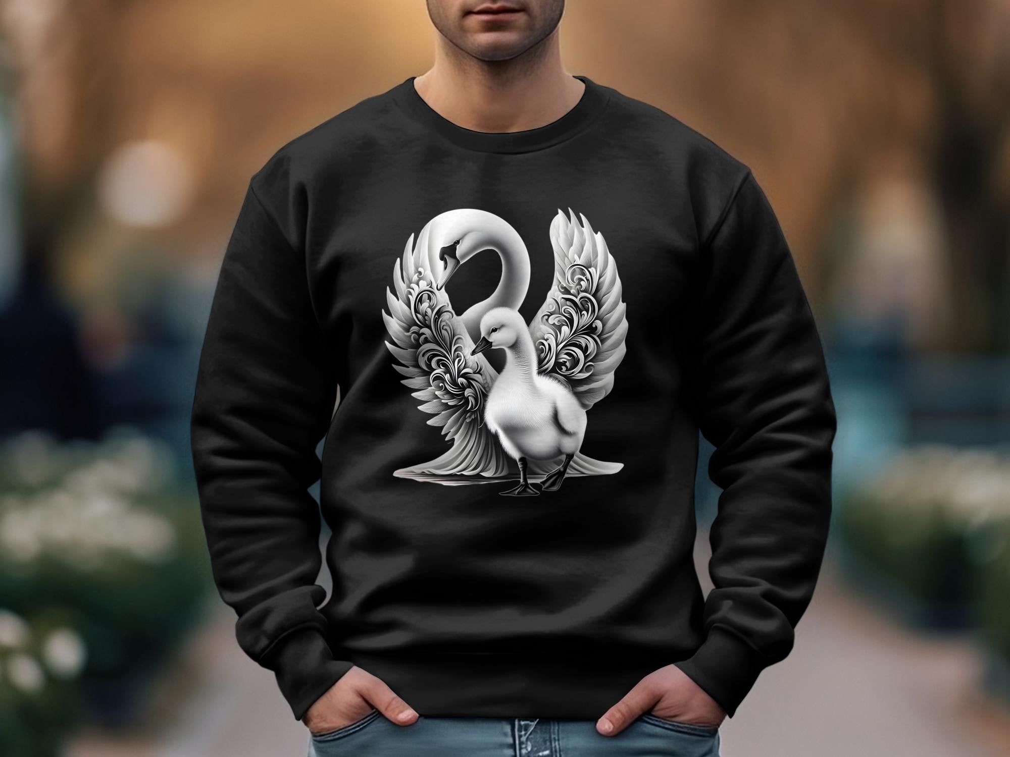 Swan & Cygnet- Black White Gildan Sweatshirt Realistic Family Talisman Unisex Tee Graphic Design