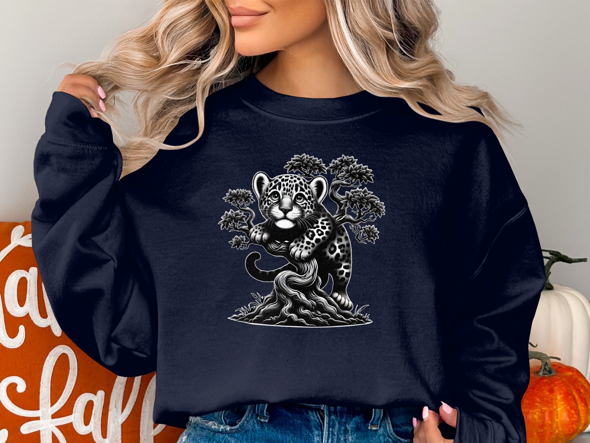 Leopard Bonsai - Coloured Gildan Sweatshirt Realistic Animal Talisman Unisex Cute Tee Graphic Design