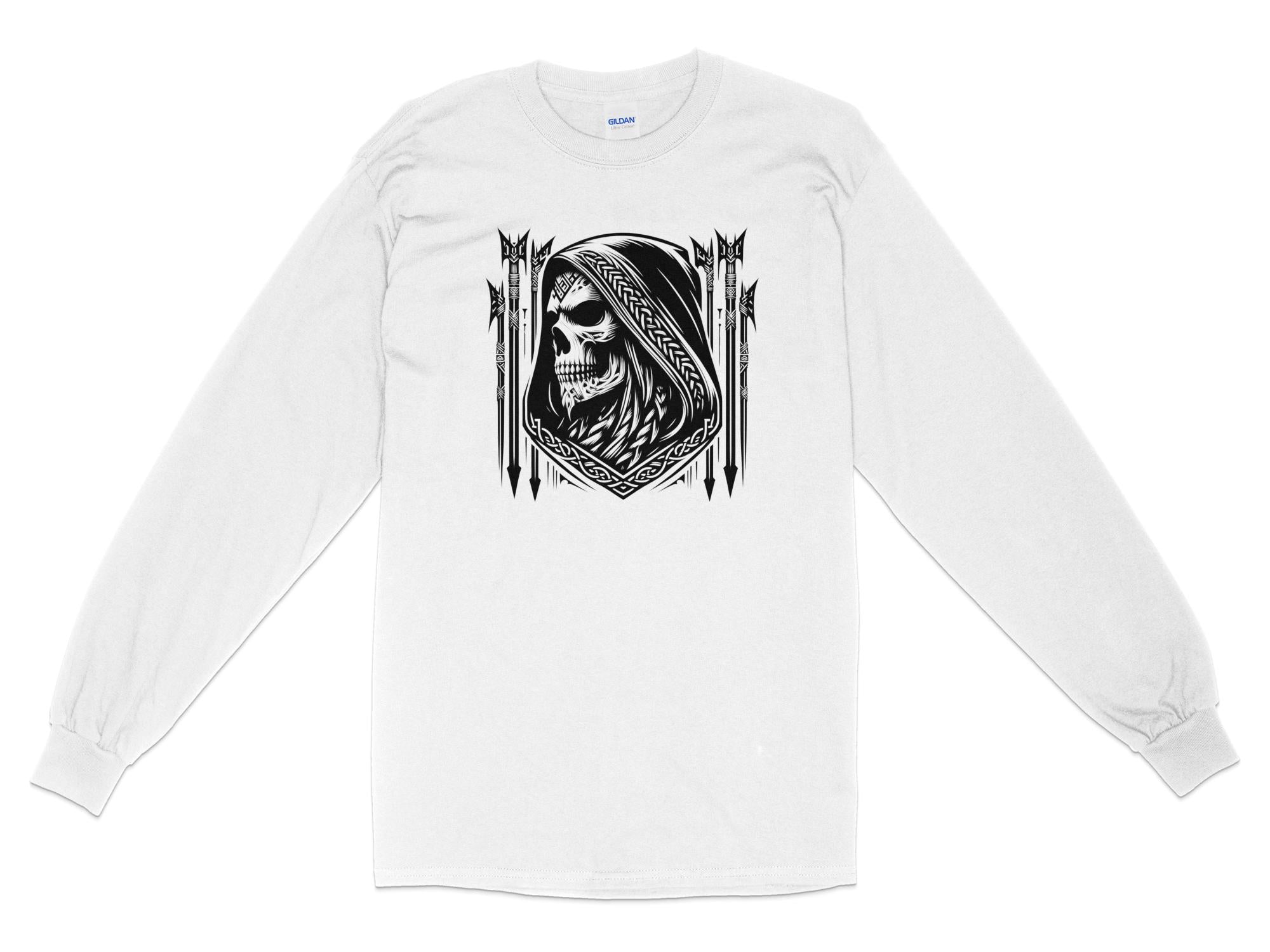 Grim Reaper - Black White Gildan Long Sleeve Commemorative Talisman Unisex Tee Graphic Design