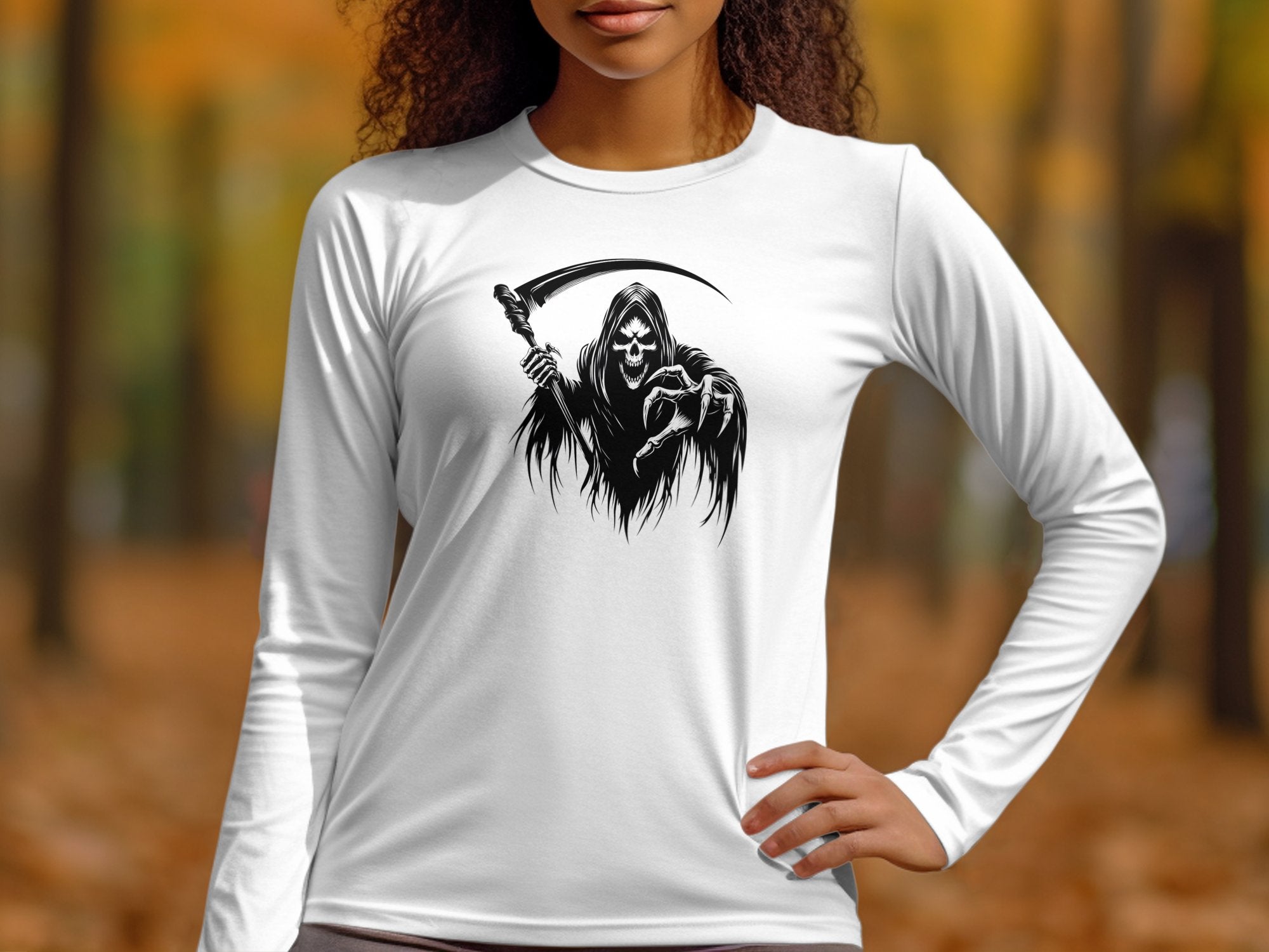 Grim Reaper - Black White Gildan Long Sleeve Commemorative Talisman Unisex Tee Graphic Design