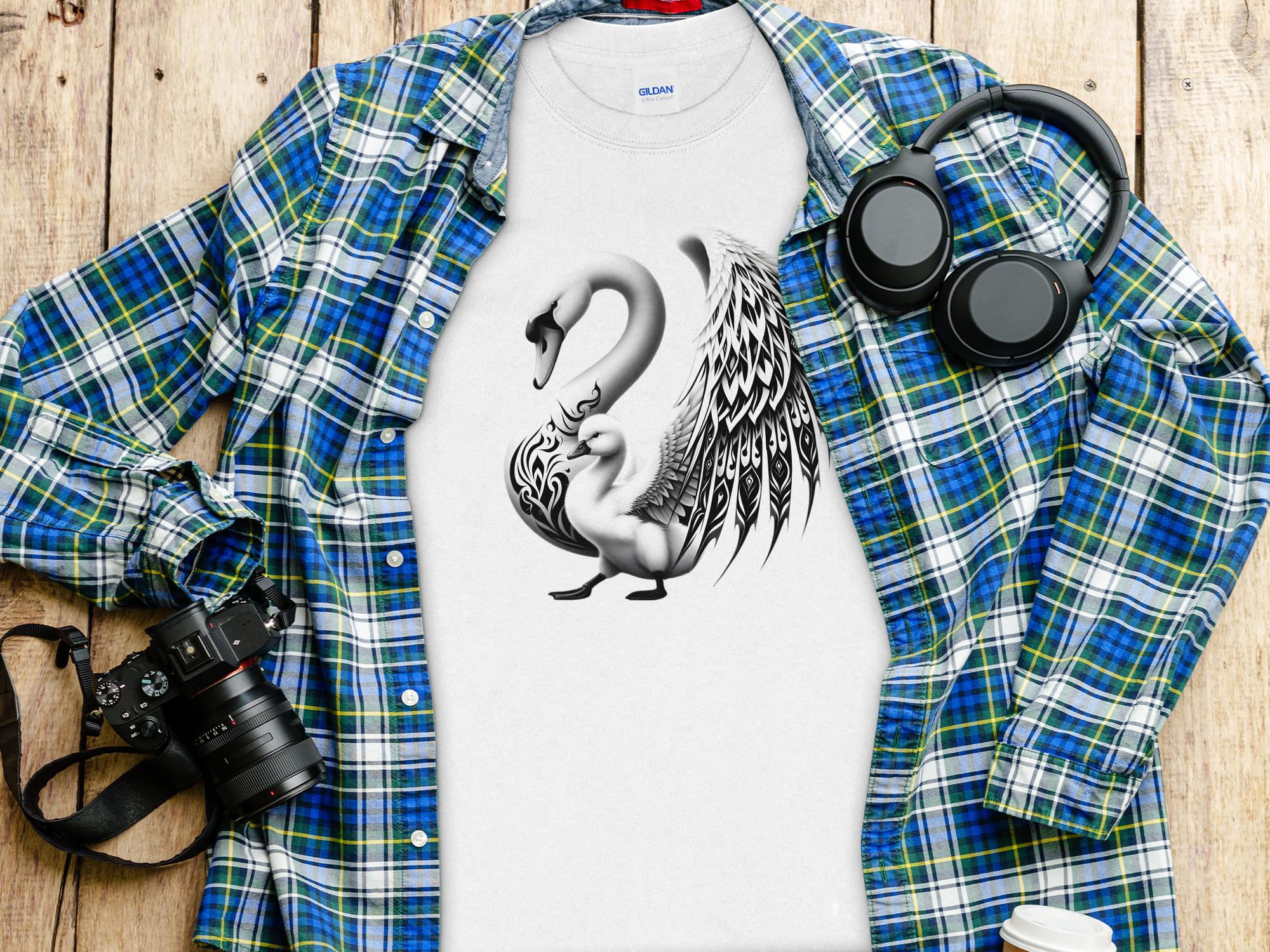 Swan & Cygnet- Black White Gildan Long Sleeve Realistic Family Talisman Unisex Tee Graphic Design