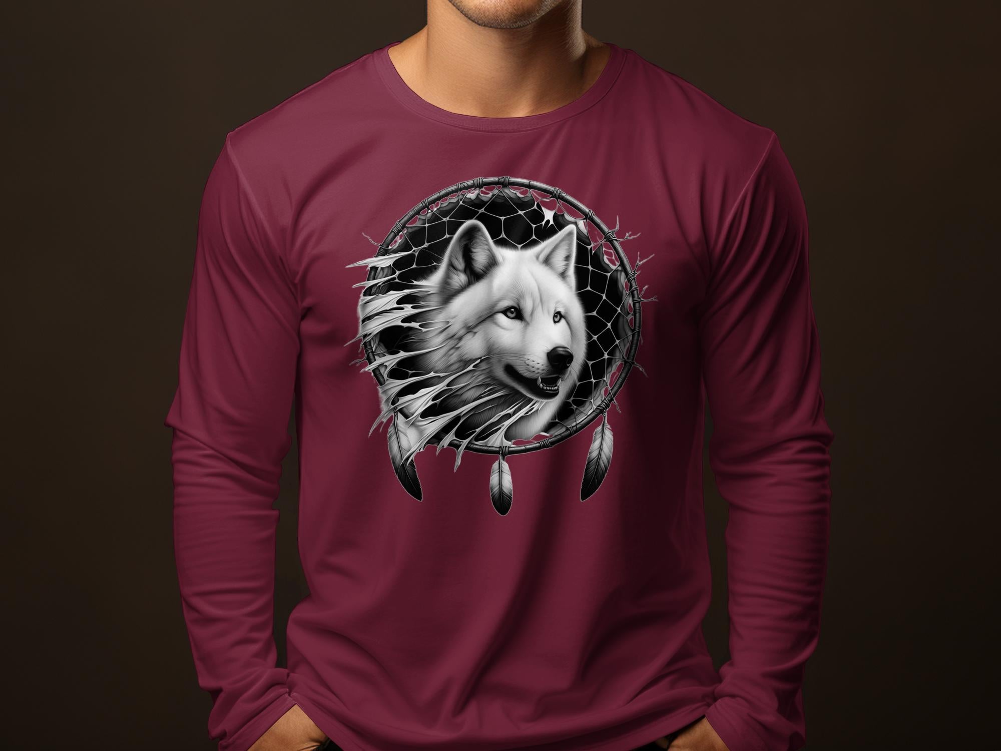 Dreamcatcher Wolf - Coloured Gildan Long Sleeve Realistic Native American Talisman Unisex Mythology Tee Graphic Design