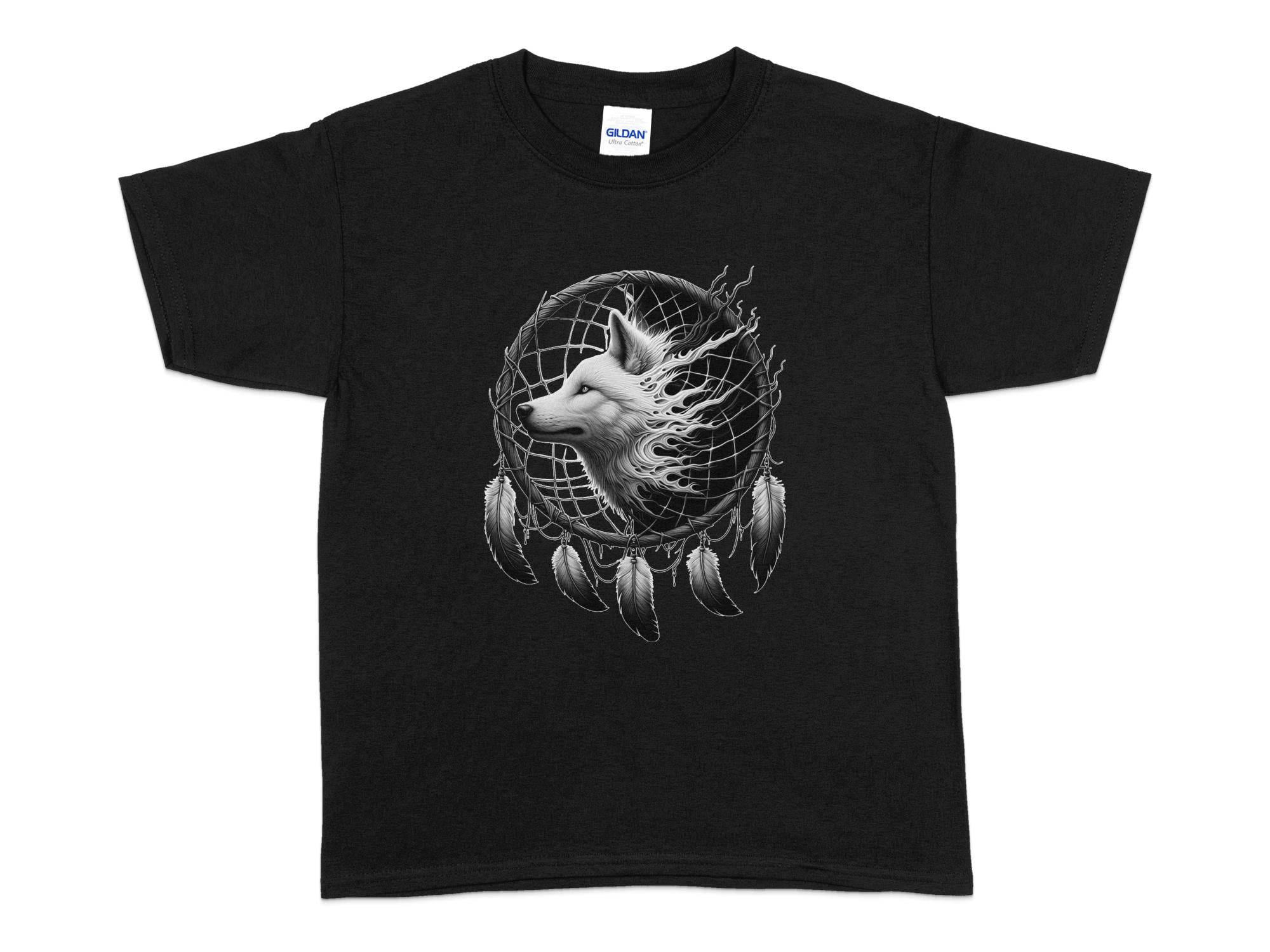 Dreamcatcher Wolf - Coloured Gildan Kids T-Shirt Realistic Native American Talisman Unisex Mythology Tee Graphic Design