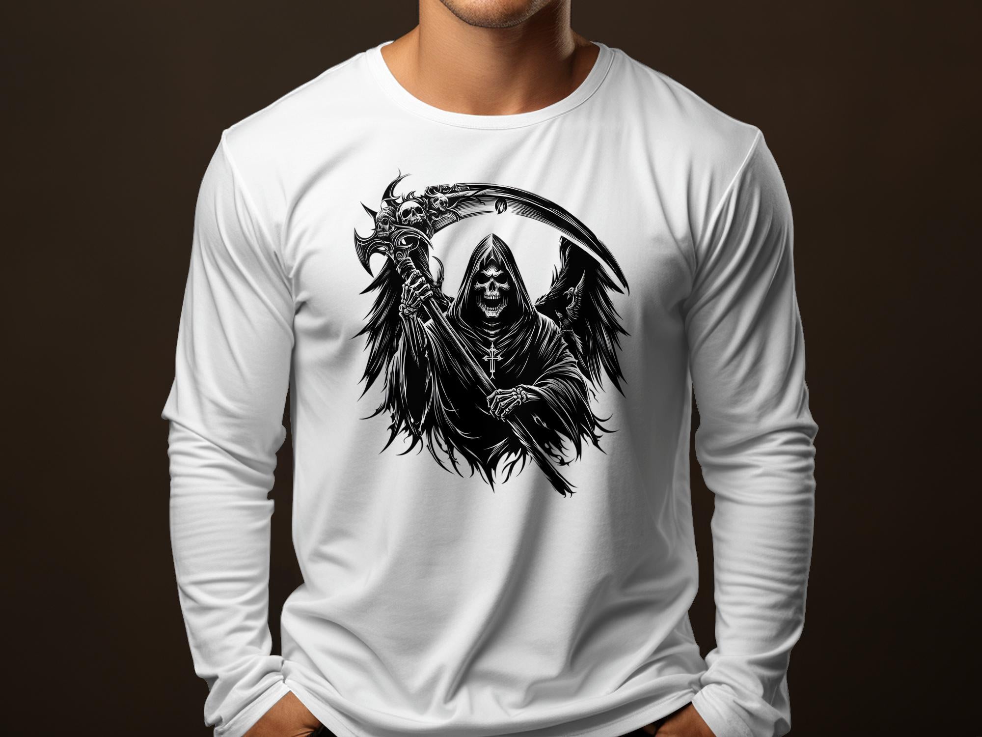 Grim Reaper - Black White Gildan Long Sleeve Commemorative Talisman Unisex Tee Graphic Design