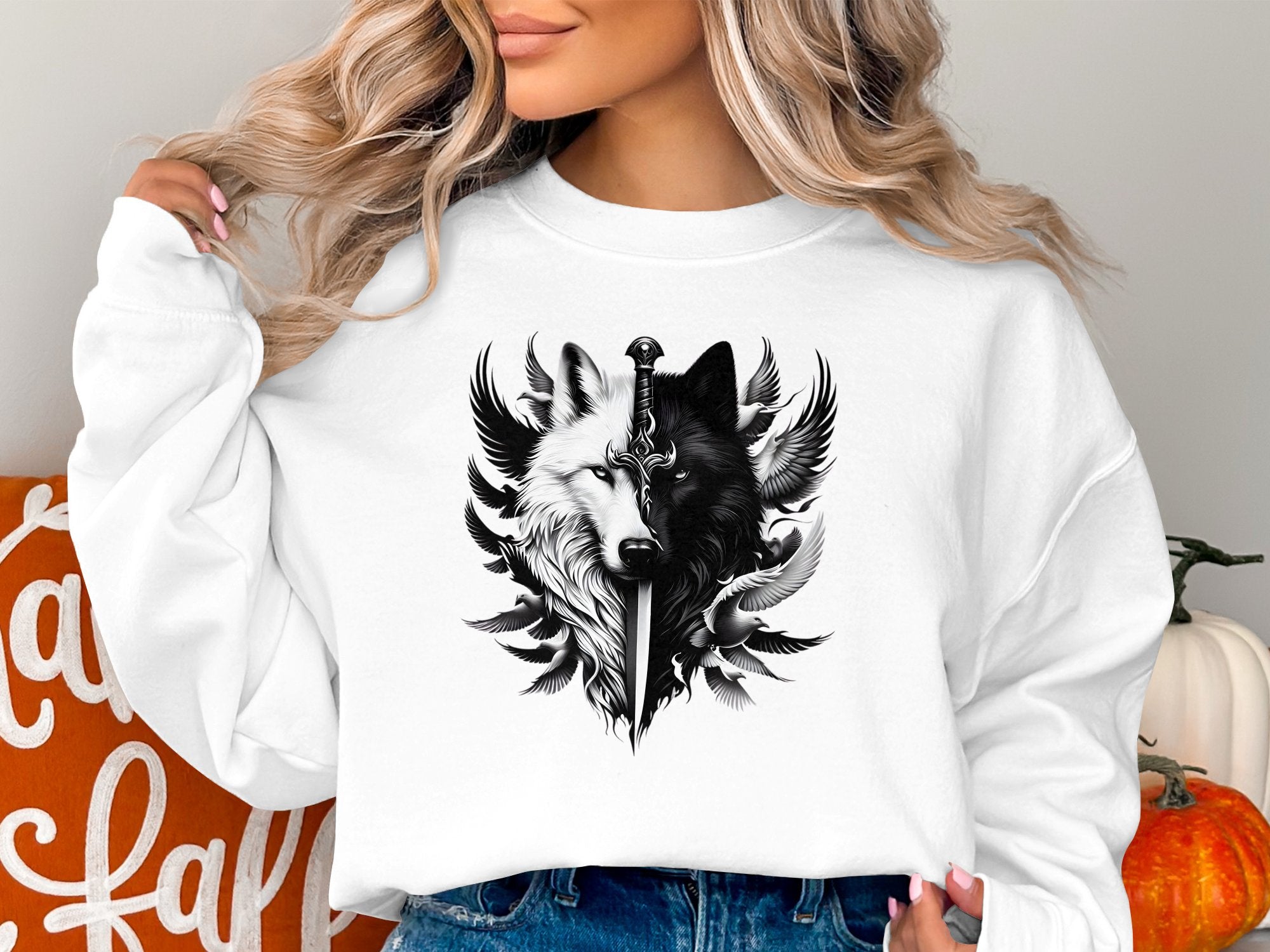 Wolf x Doves - Black White Gildan Sweatshirt Realistic Animal Talisman Unisex Tee Graphic Design