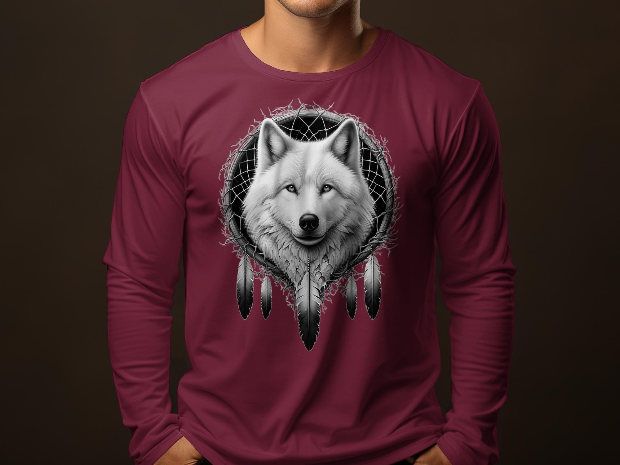 Dreamcatcher Wolf - Coloured Gildan Long Sleeve Realistic Native American Talisman Unisex Mythology Tee Graphic Design