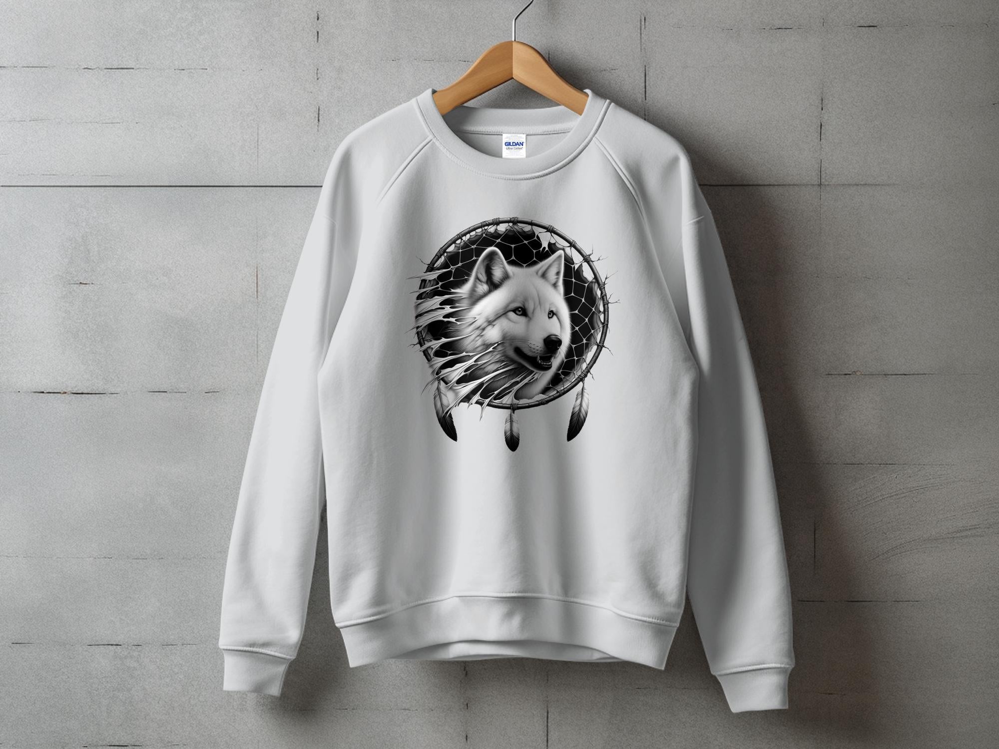 Dreamcatcher Wolf - Coloured Gildan Sweatshirt Realistic Native American Talisman Unisex Mythology Tee Graphic Design