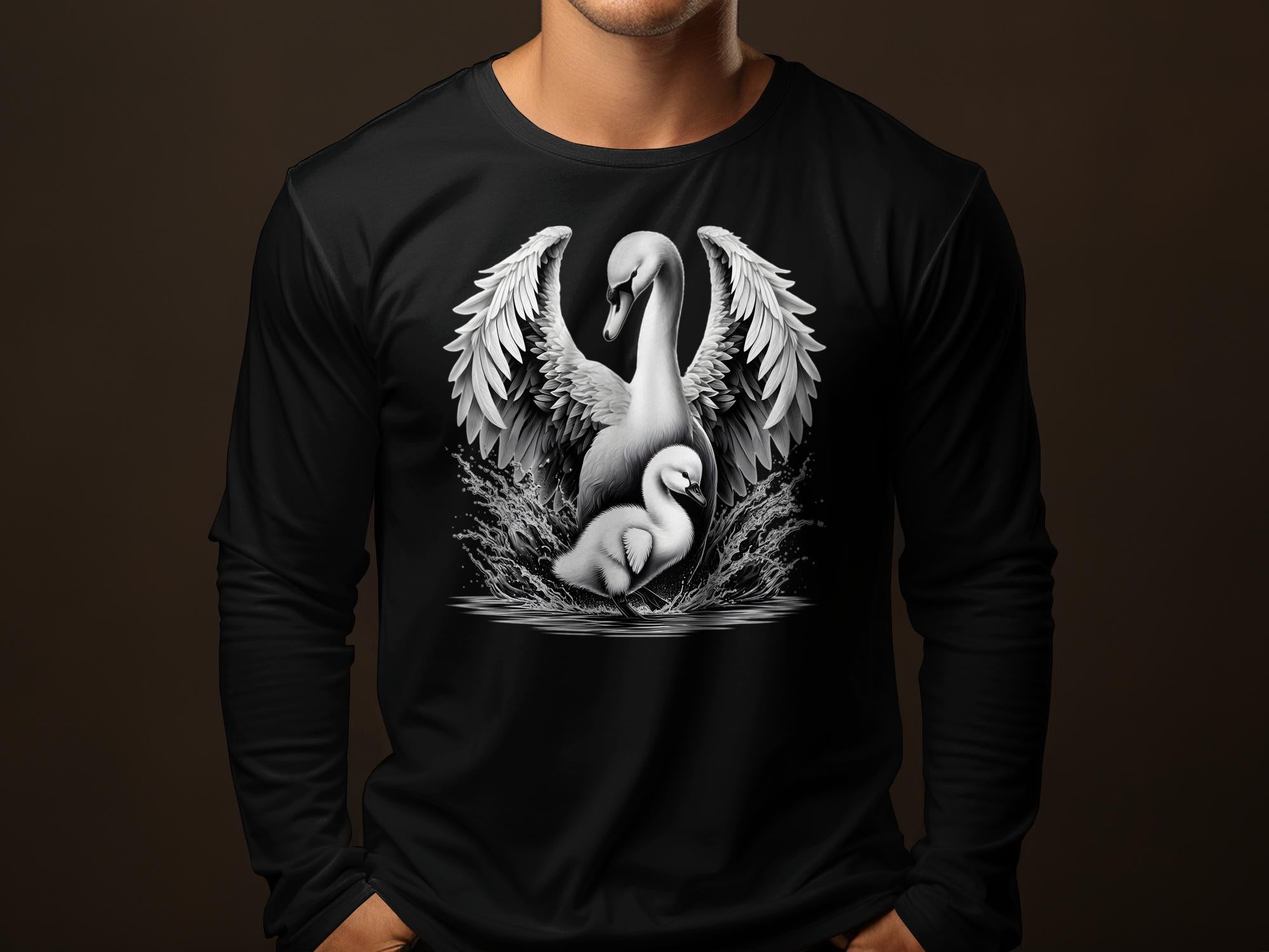 Swan & Cygnet- Black White Gildan Long Sleeve Realistic Family Talisman Unisex Tee Graphic Design