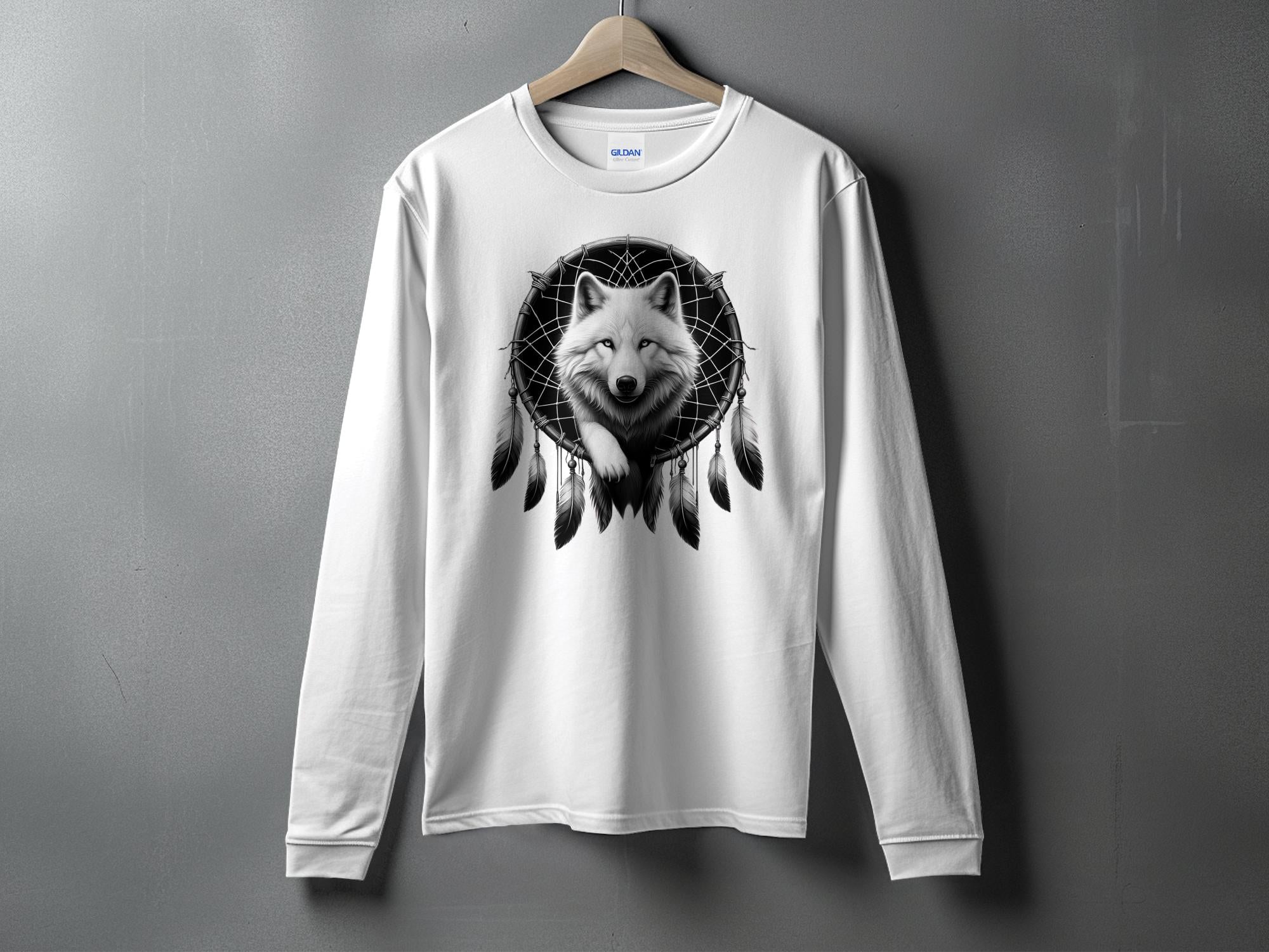 Dreamcatcher Wolf - Coloured Gildan Long Sleeve Realistic Native American Talisman Unisex Mythology Tee Graphic Design