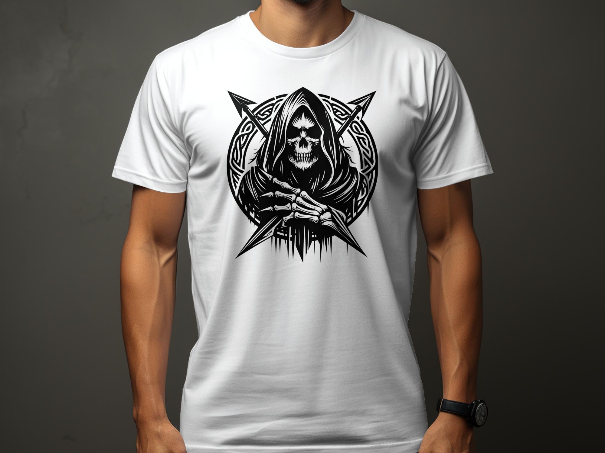 Grim Reaper - Black White Gildan T-Shirt Commemorative Talisman Unisex Tee Graphic Design