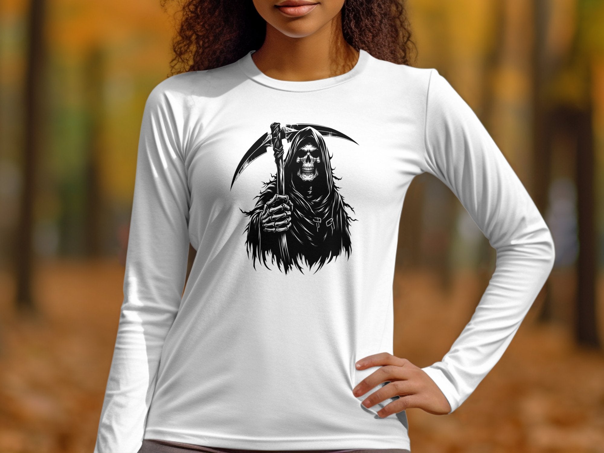 Grim Reaper - Black White Gildan Long Sleeve Commemorative Talisman Unisex Tee Graphic Design