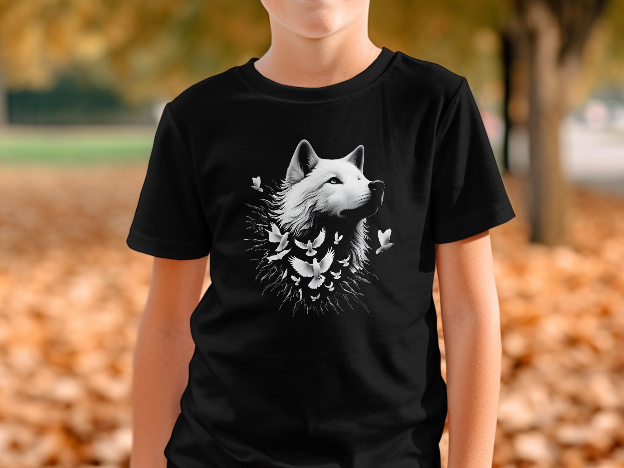 Wolf x Doves - Black White Gildan Kids T-Shirt Realistic Animal Talisman Unisex Tee Graphic Design