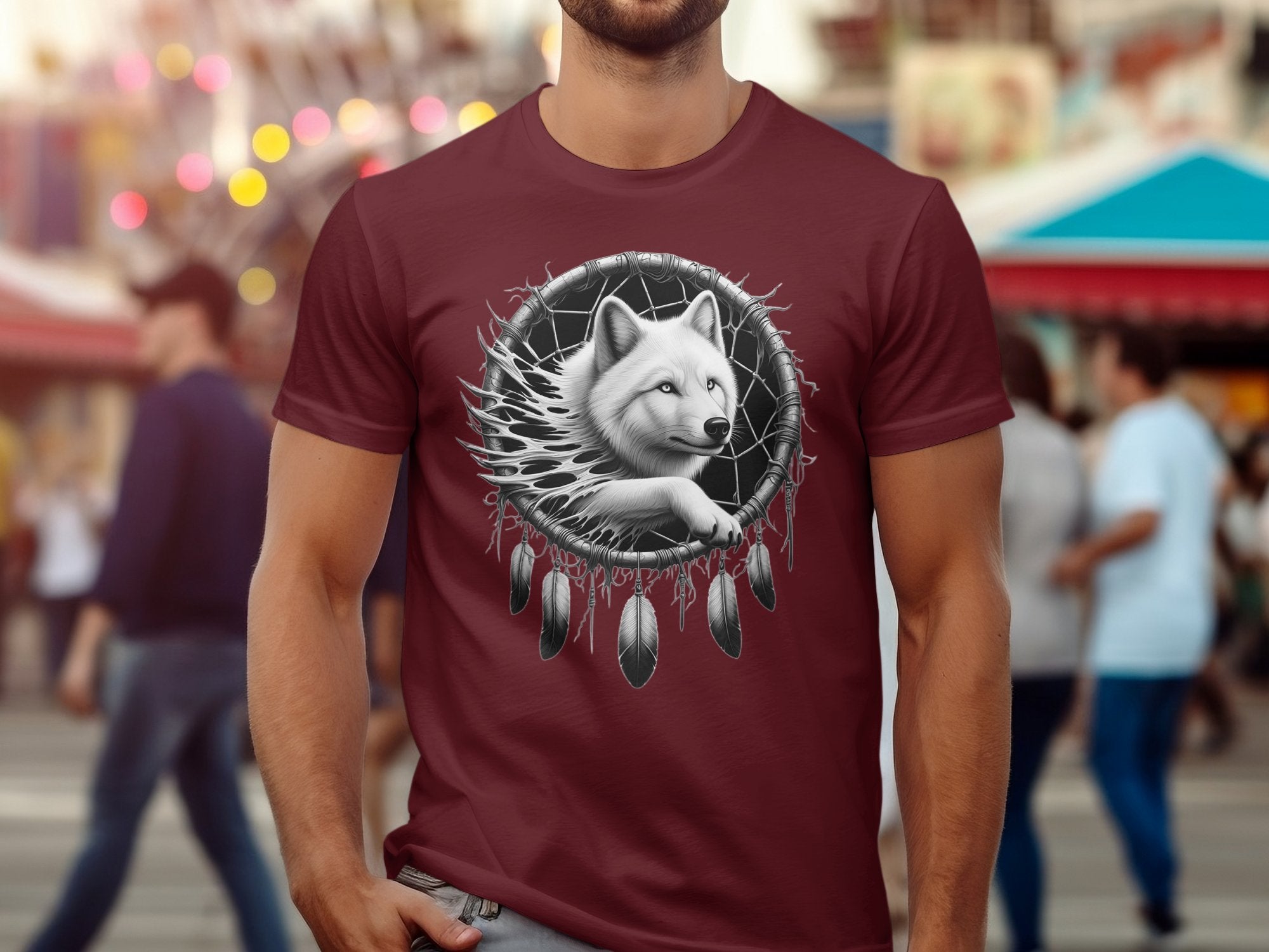 Dreamcatcher Wolf - Coloured Gildan T-Shirt Realistic Native American Talisman Unisex Mythology Tee Graphic Design