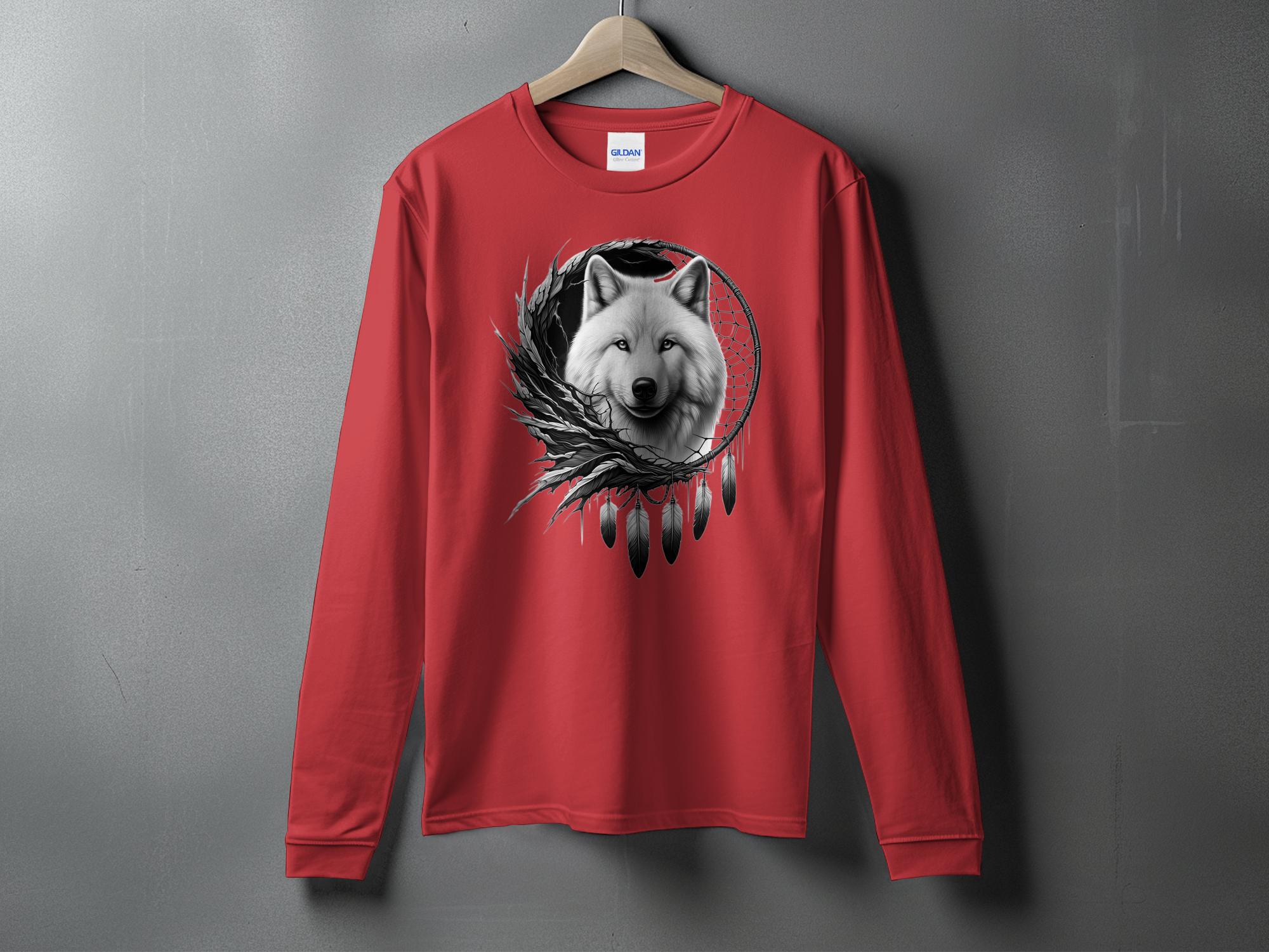 Dreamcatcher Wolf - Coloured Gildan Long Sleeve Realistic Native American Talisman Unisex Mythology Tee Graphic Design