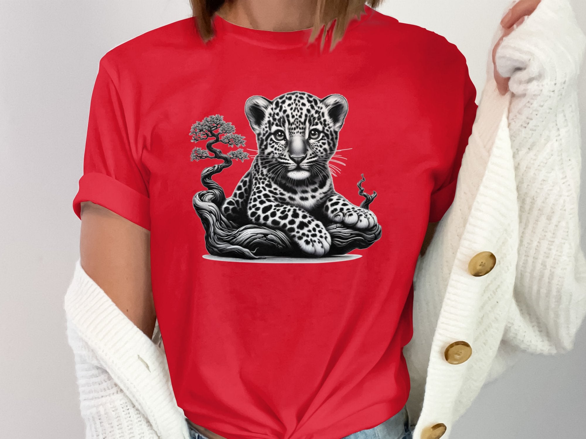 Leopard Bonsai - Coloured Gildan T-Shirt Realistic Animal Talisman Unisex Cute Tee Graphic Design