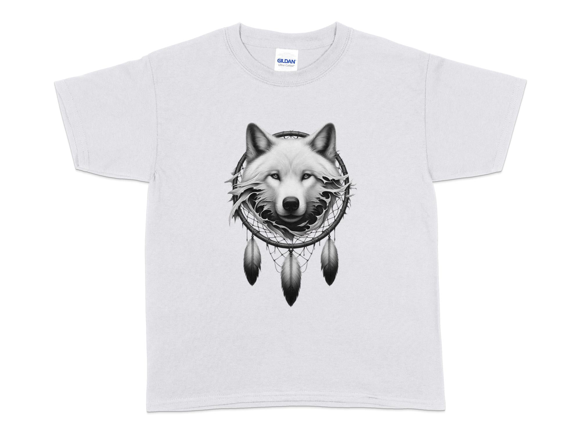 Dreamcatcher Wolf - Coloured Gildan Kids T-Shirt Realistic Native American Talisman Unisex Mythology Tee Graphic Design