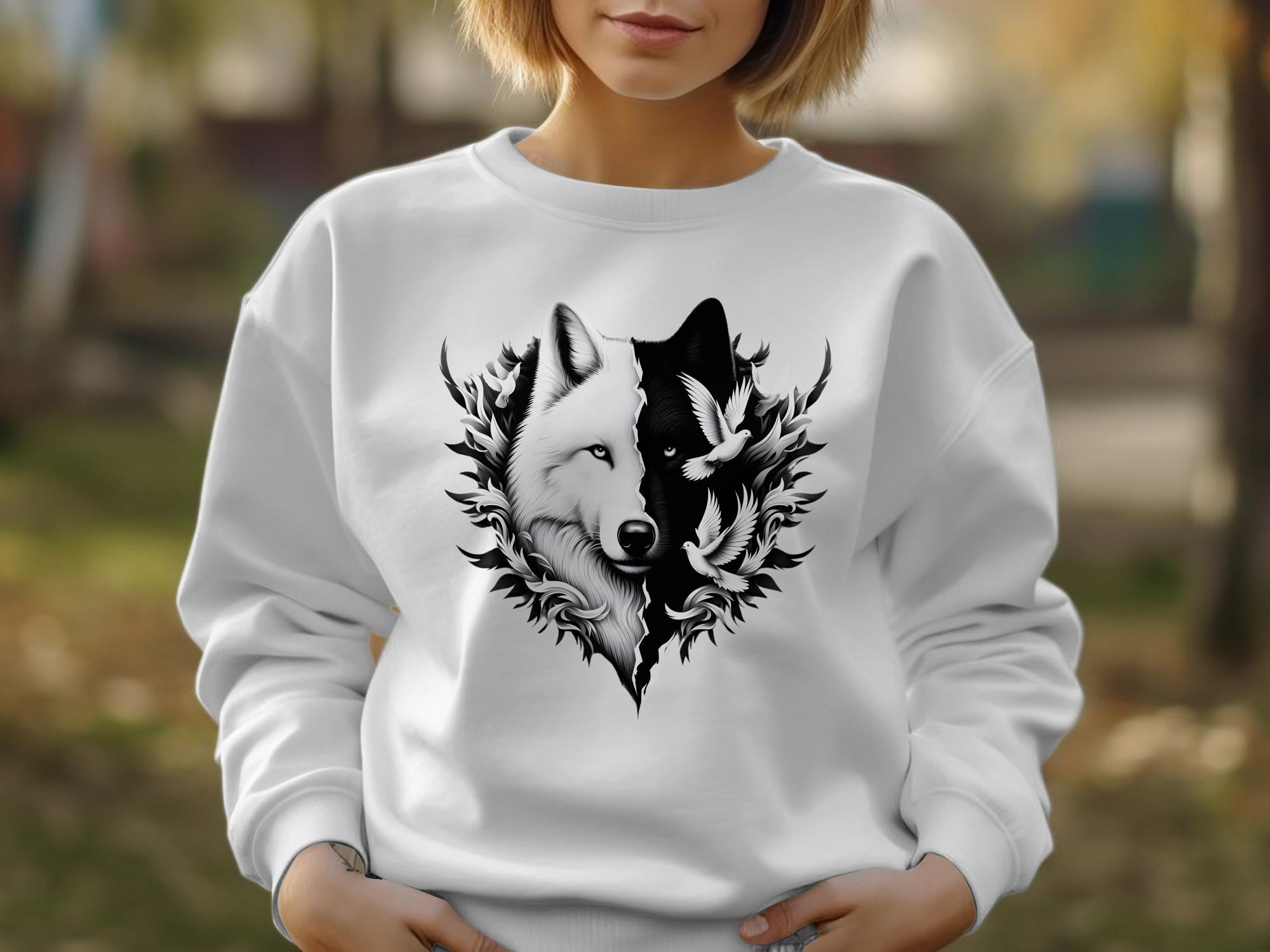 Wolf x Doves - Black White Gildan Sweatshirt Realistic Animal Talisman Unisex Tee Graphic Design