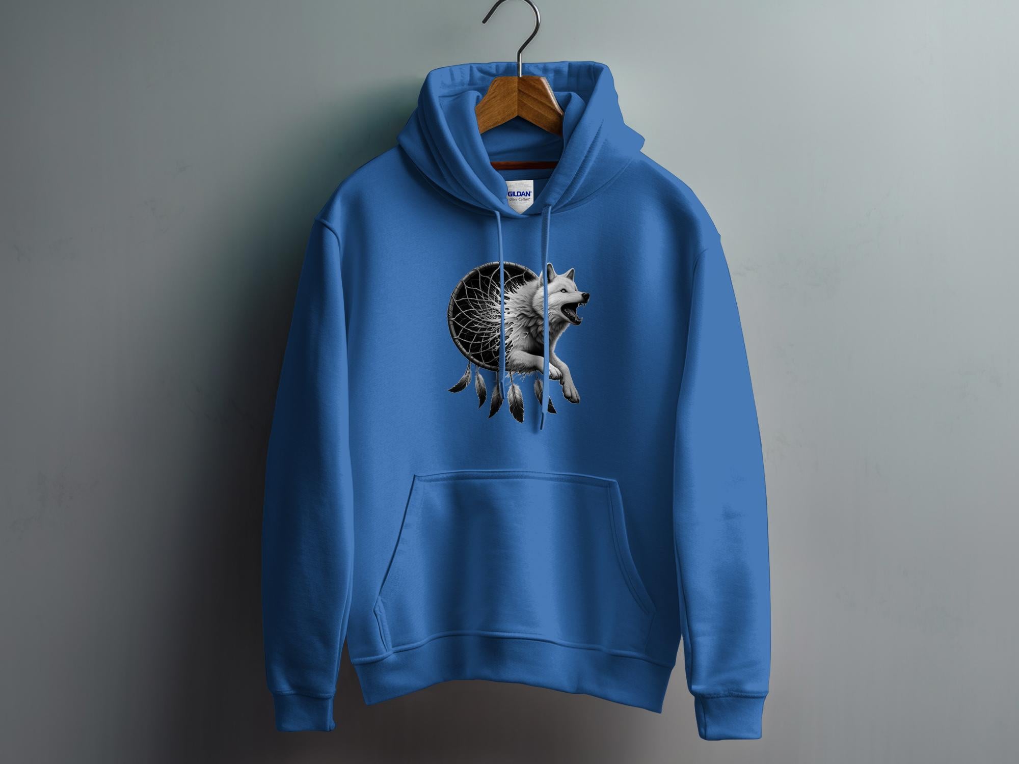 Dreamcatcher Wolf - Coloured Gildan Hoodie Realistic Native American Talisman Unisex Mythology Tee Graphic Design