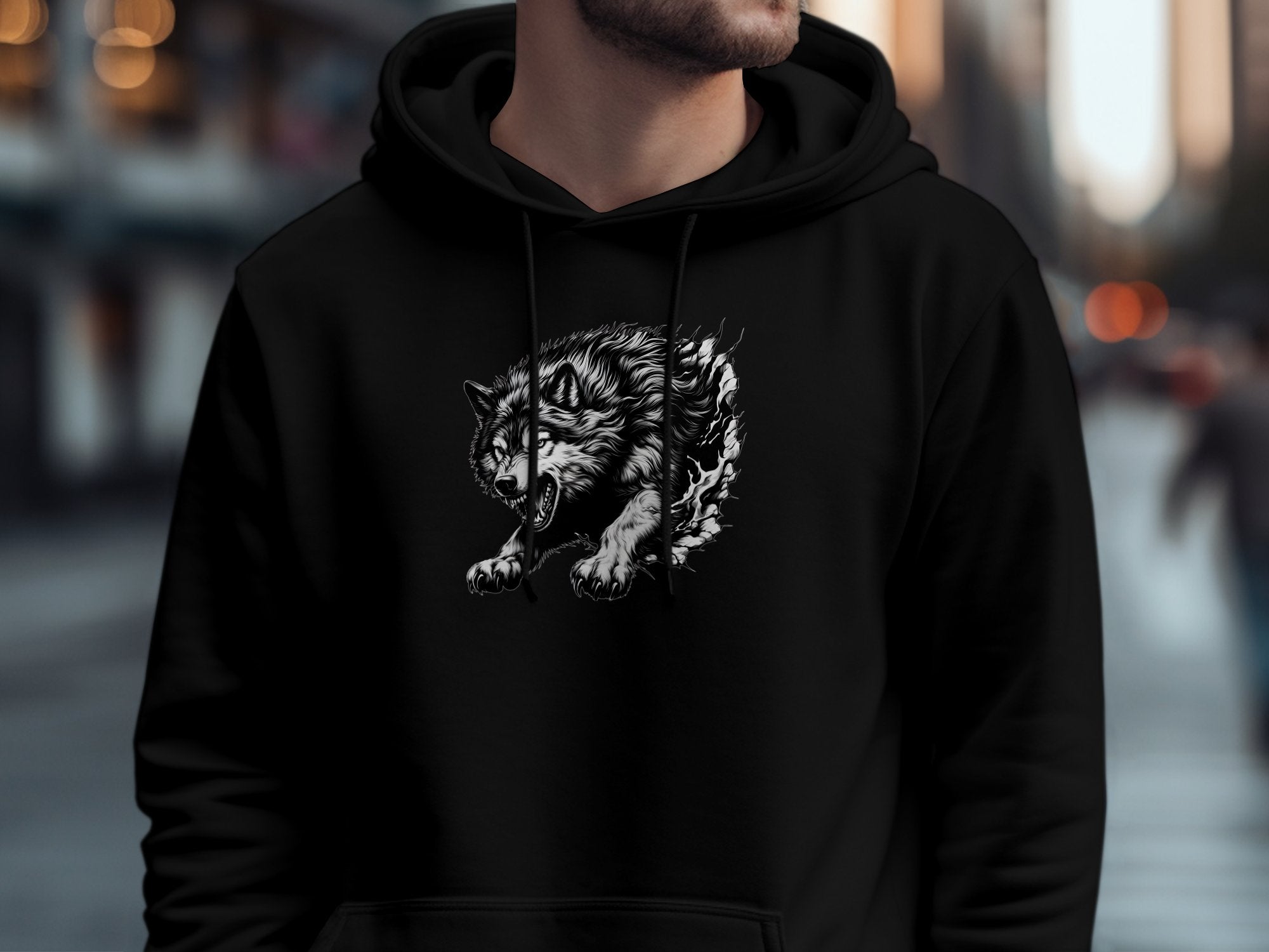 Wolf Tribal - Black White Gildan Hoodie Realistic Animal Talisman Unisex Tee Graphic Design