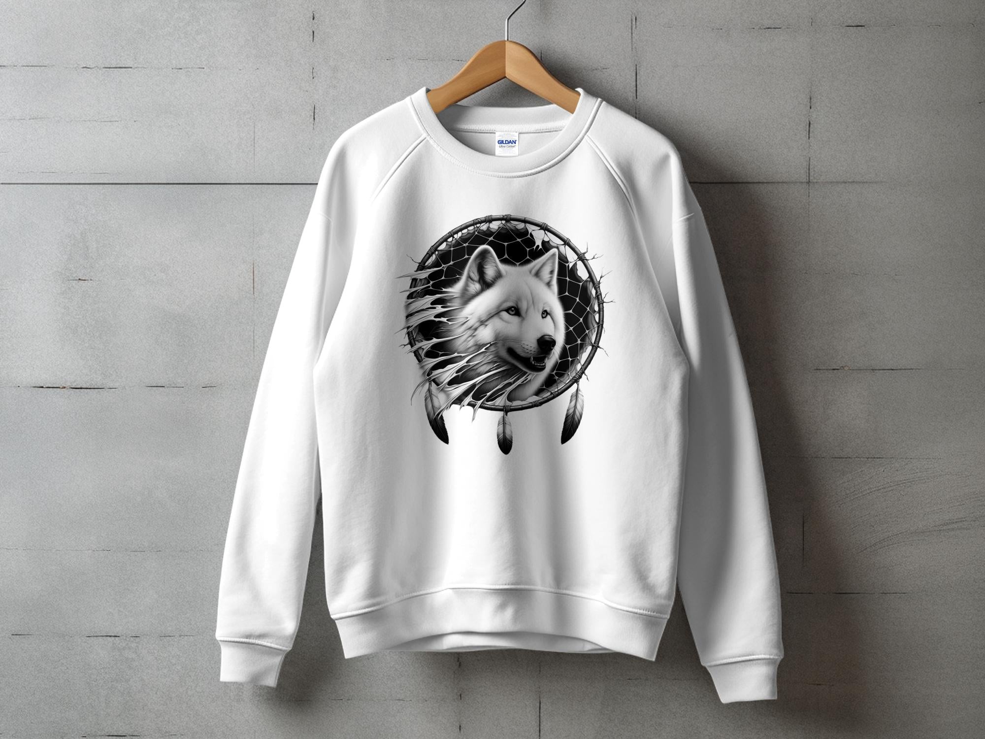 Dreamcatcher Wolf - Coloured Gildan Sweatshirt Realistic Native American Talisman Unisex Mythology Tee Graphic Design