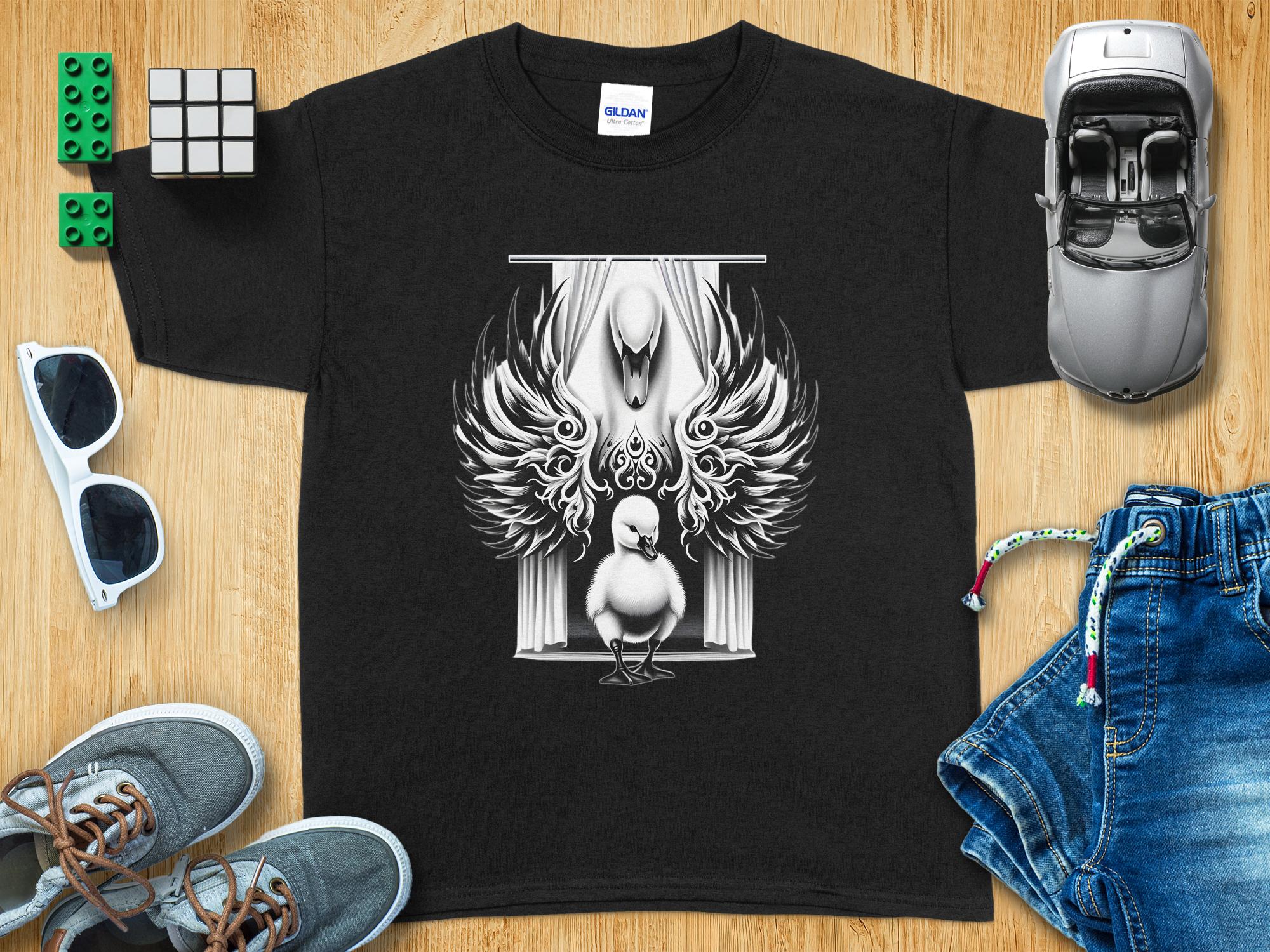 Swan & Cygnet- Black White Gildan Kids T-Shirt Realistic Family Talisman Unisex Tee Graphic Design