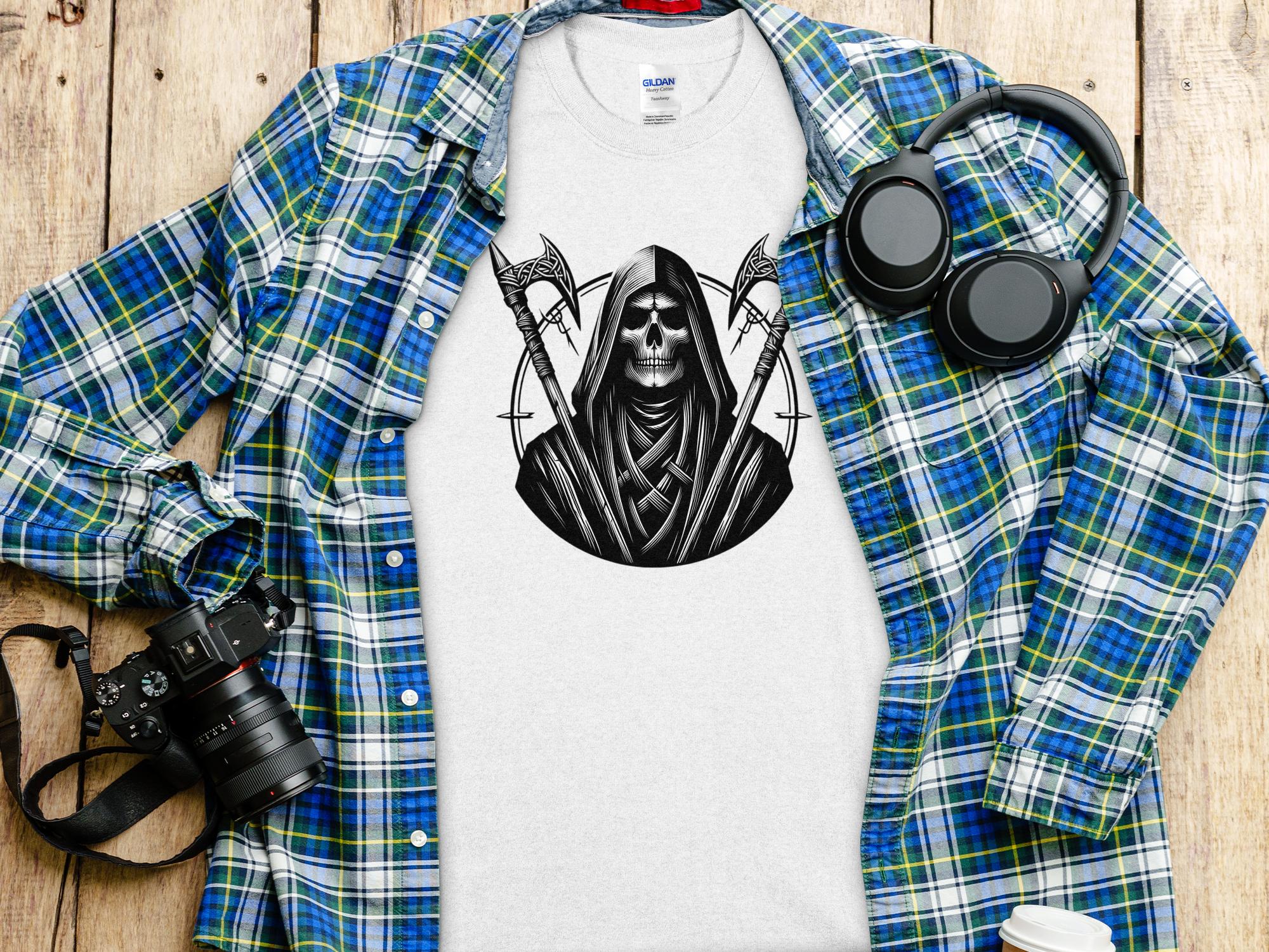 Grim Reaper - Black White Gildan T-Shirt Commemorative Talisman Unisex Tee Graphic Design