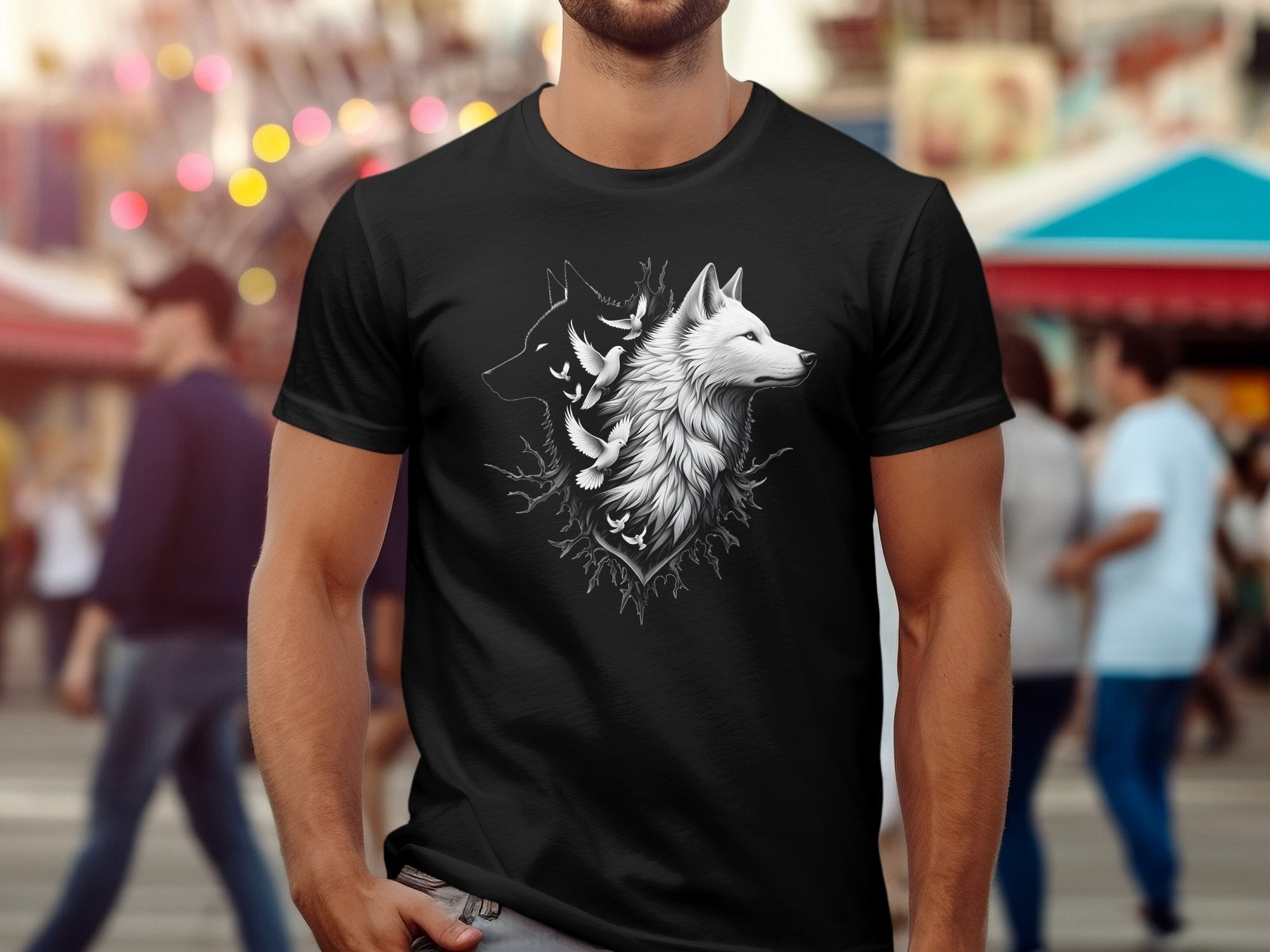 Wolf x Doves - Black White Gildan T-Shirt Realistic Animal Talisman Unisex Tee Graphic Design