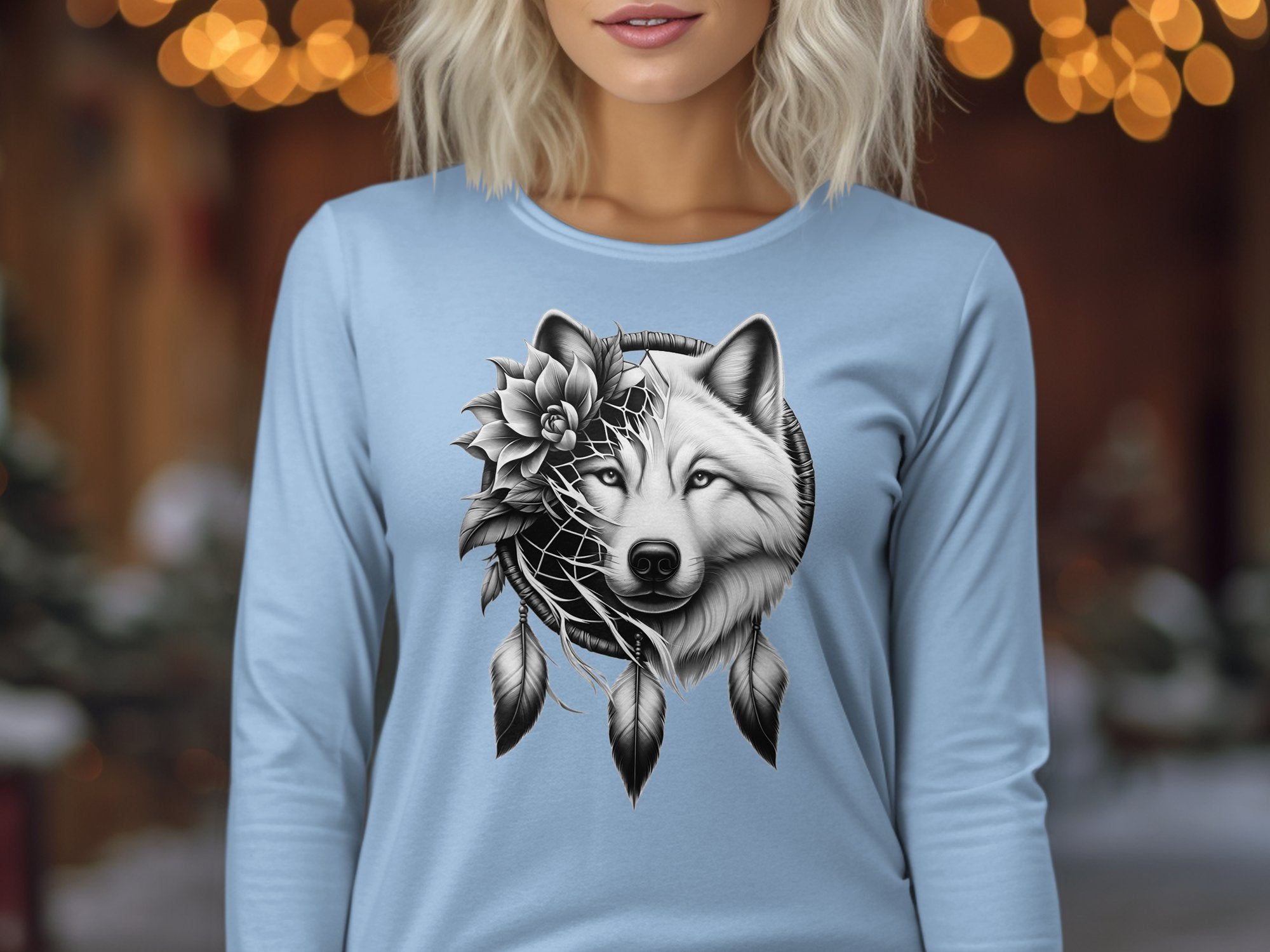 Dreamcatcher Wolf - Coloured Gildan Long Sleeve Realistic Native American Talisman Unisex Mythology Tee Graphic Design