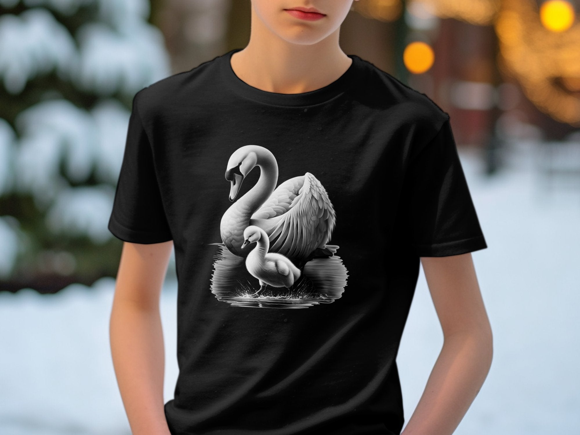 Swan & Cygnet- Black White Gildan Kids T-Shirt Realistic Family Talisman Unisex Tee Graphic Design