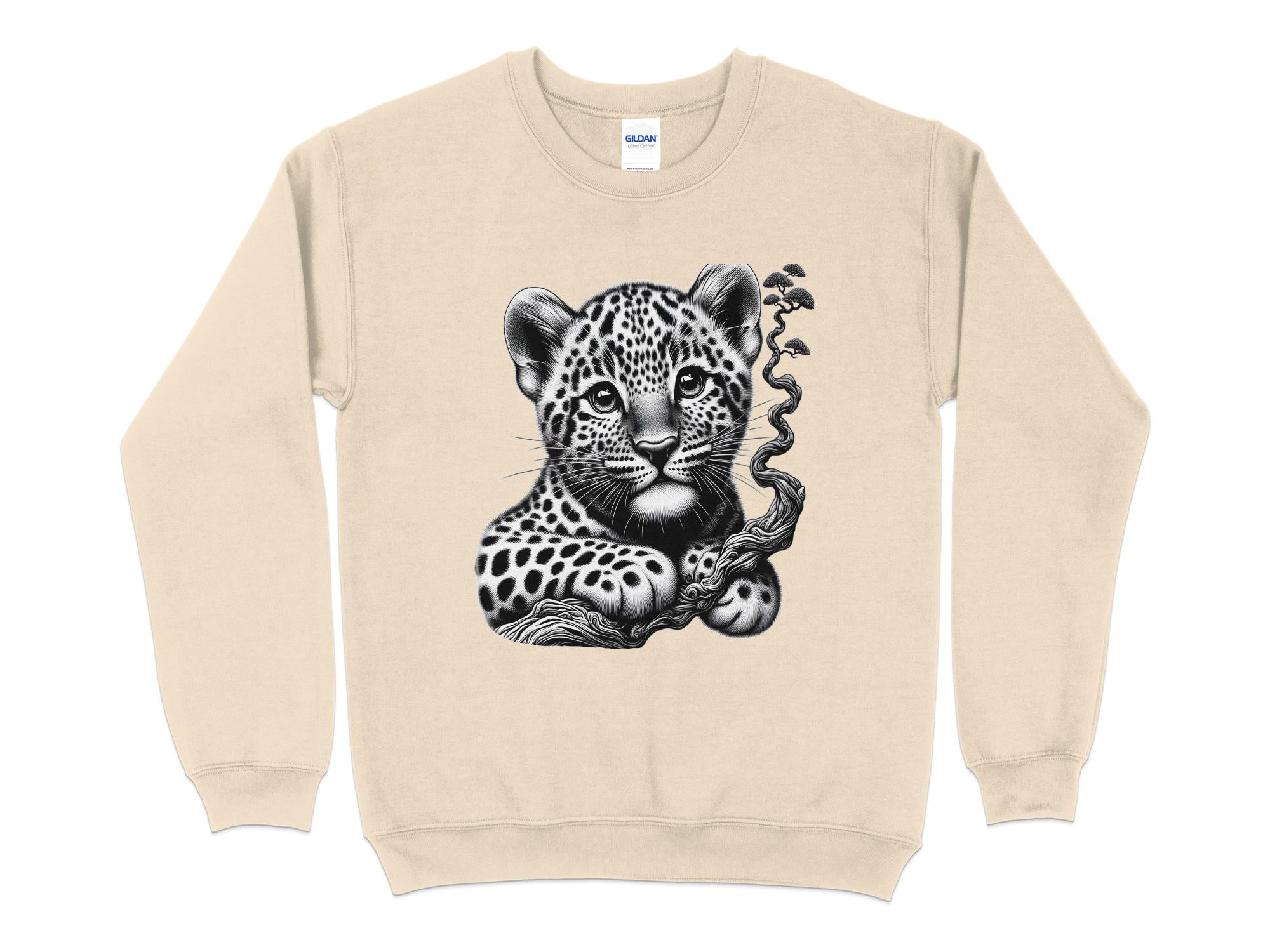 Leopard Bonsai - Coloured Gildan Sweatshirt Realistic Animal Talisman Unisex Cute Tee Graphic Design